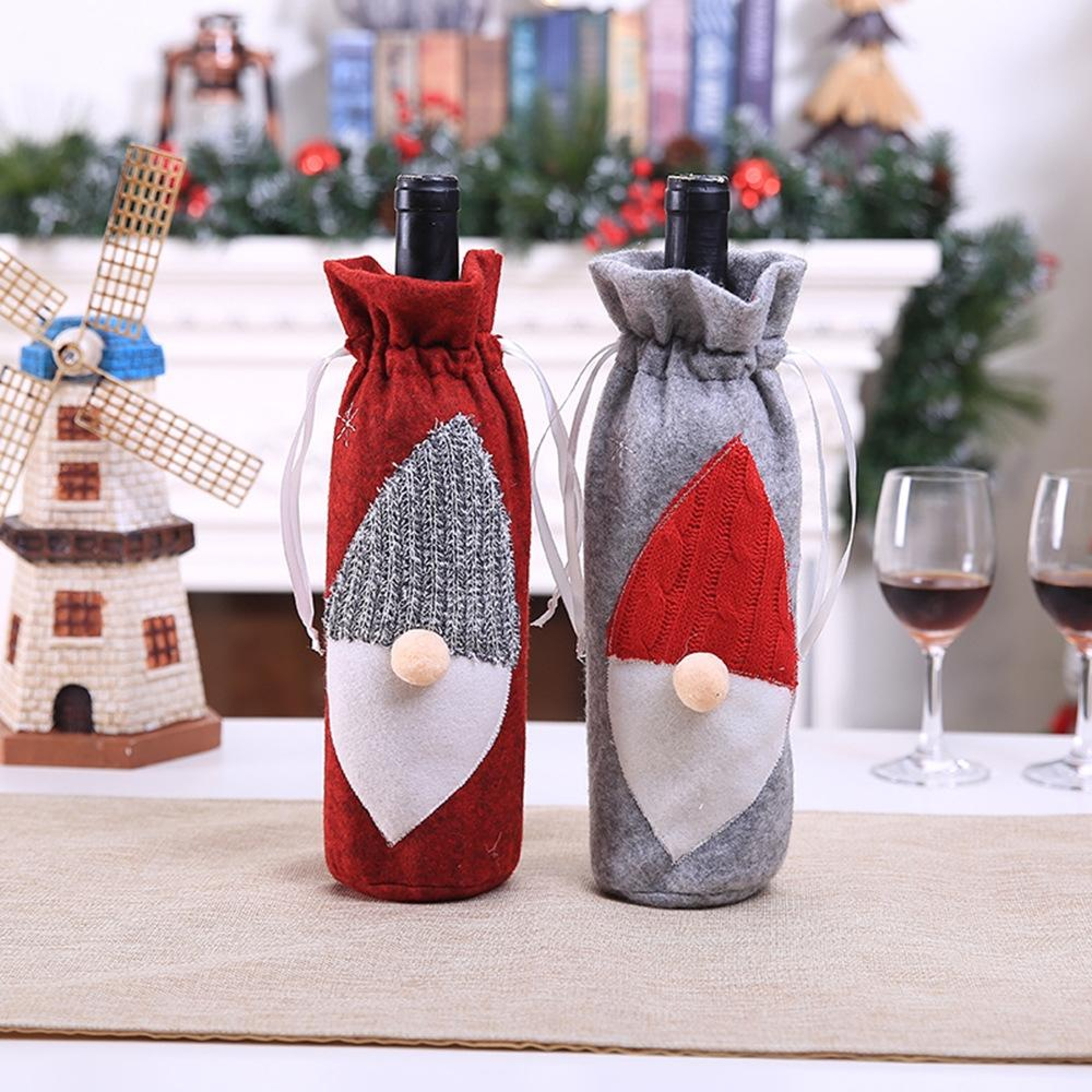 Christmas Wine Bottle Bag With Faceless Santa Embroidery Christmas Table Decorations 1