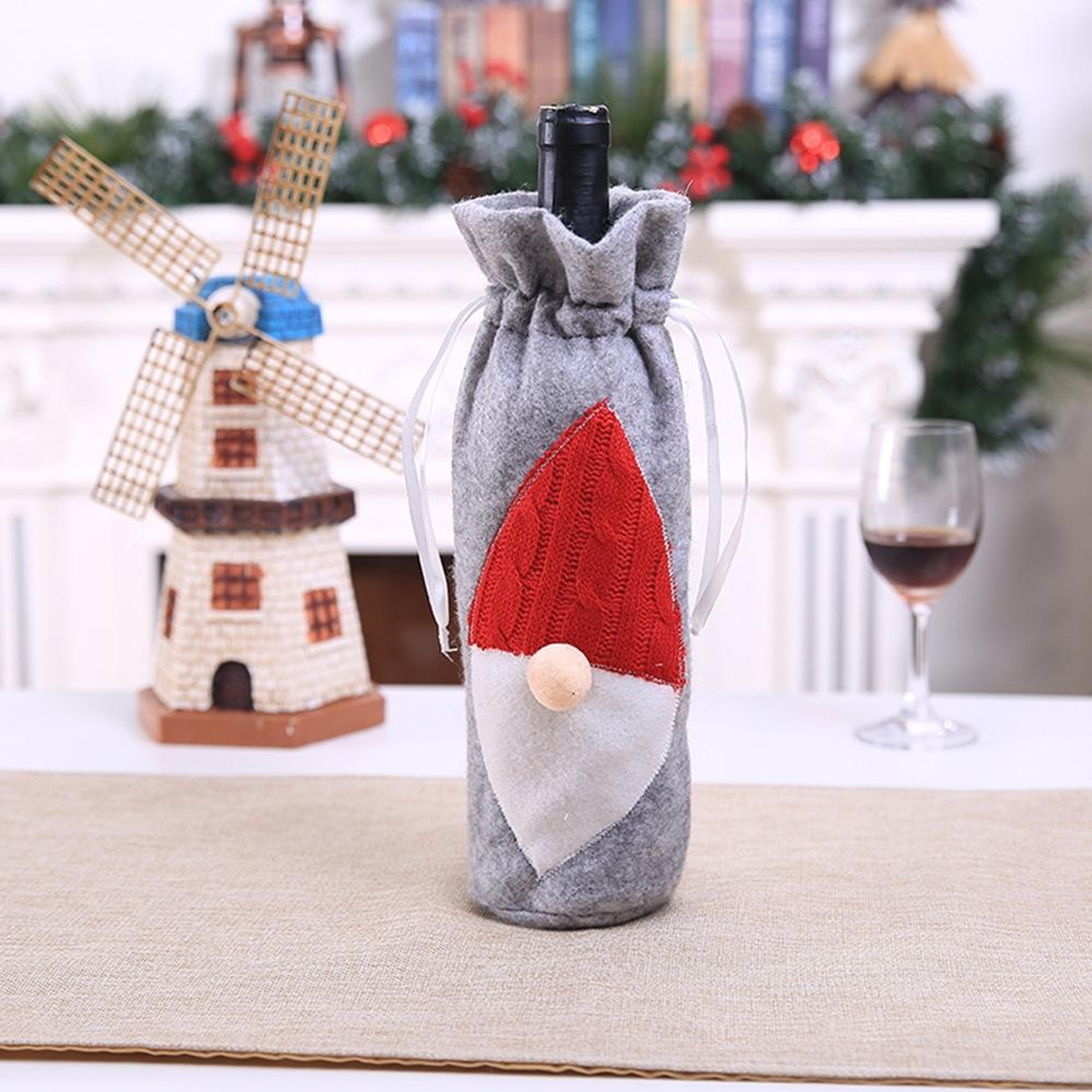 Christmas Wine Bottle Bag With Faceless Santa Embroidery Christmas Table Decorations 5