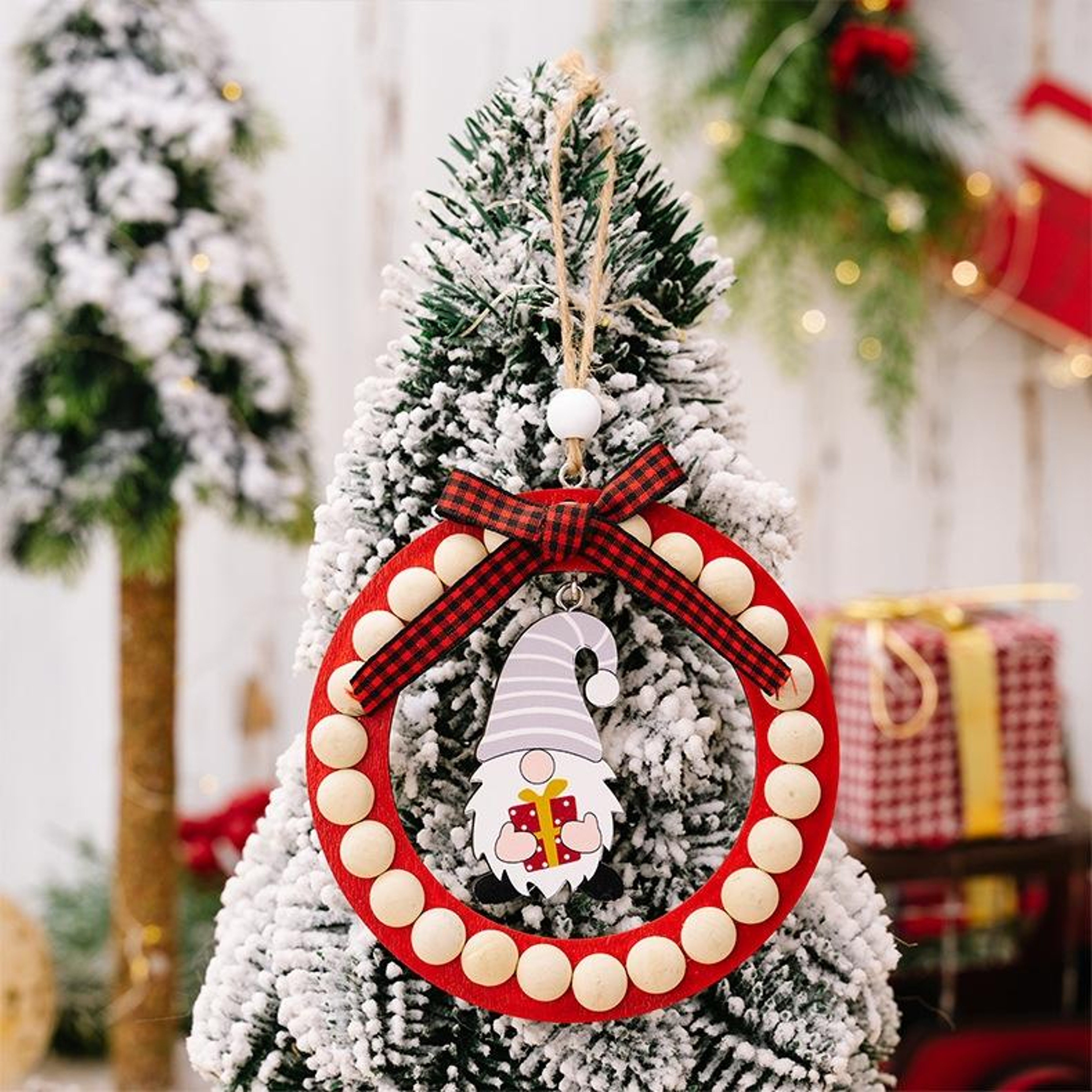 Rustic Wooden Christmas Wreath Ornament Round Beaded Hanging Tree Decoration 5