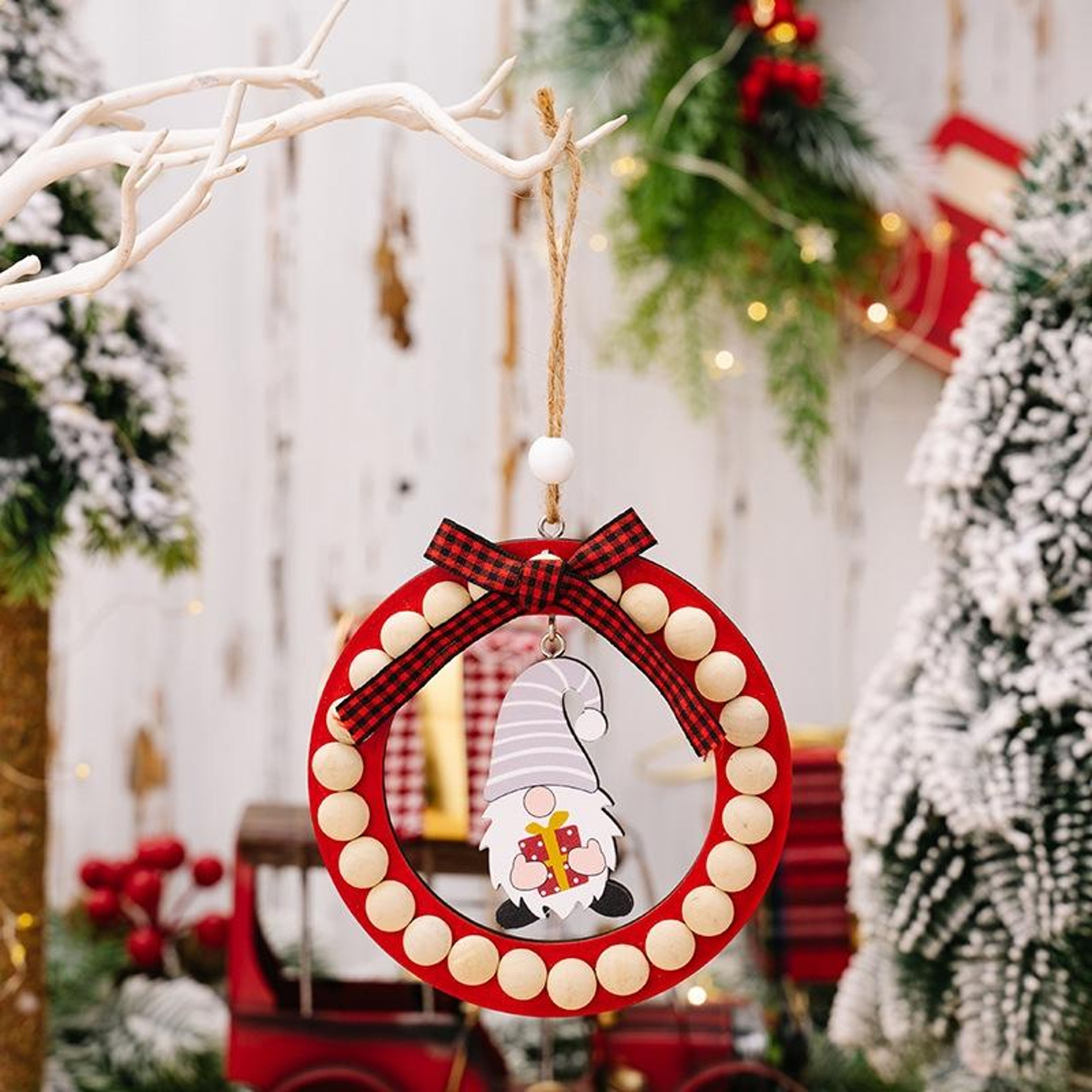 Rustic Wooden Christmas Wreath Ornament Round Beaded Hanging Tree Decoration 8
