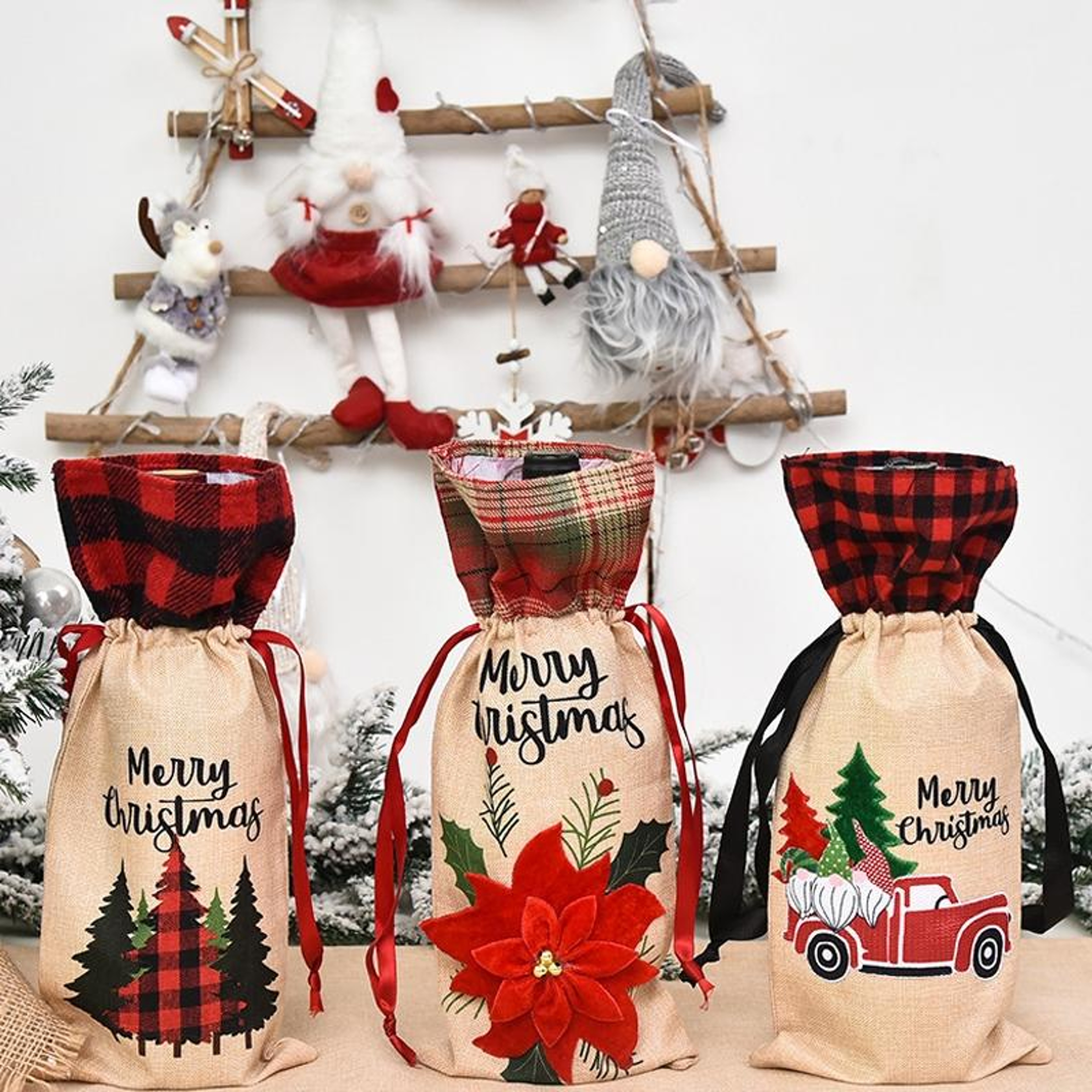 Festive Christmas Wine Bottle Cover With Imitation Linen Holiday Gift Bag Design 0