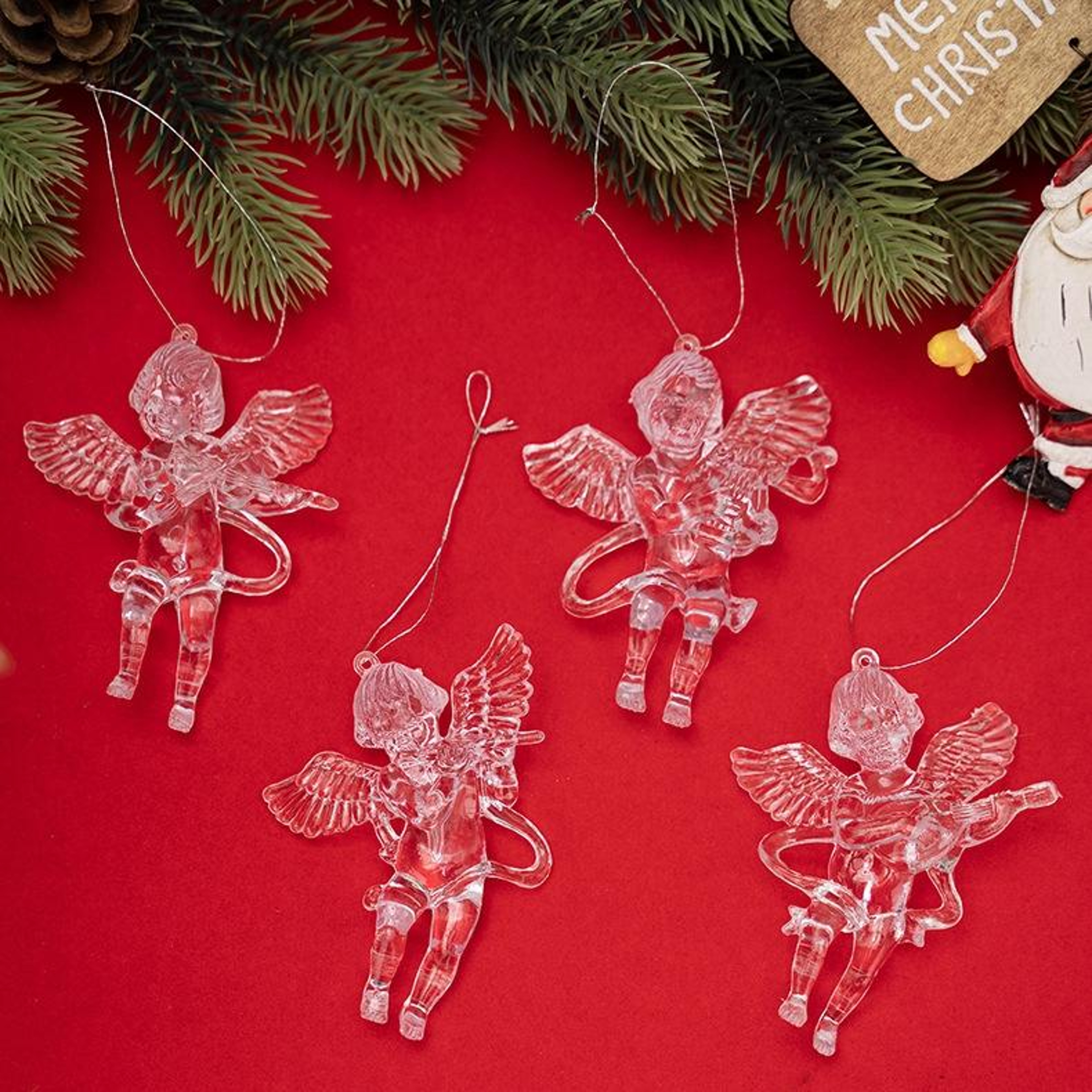 4PCS Acrylic Angel Christmas Tree Ornaments Clear Hanging Holiday Decorations 4