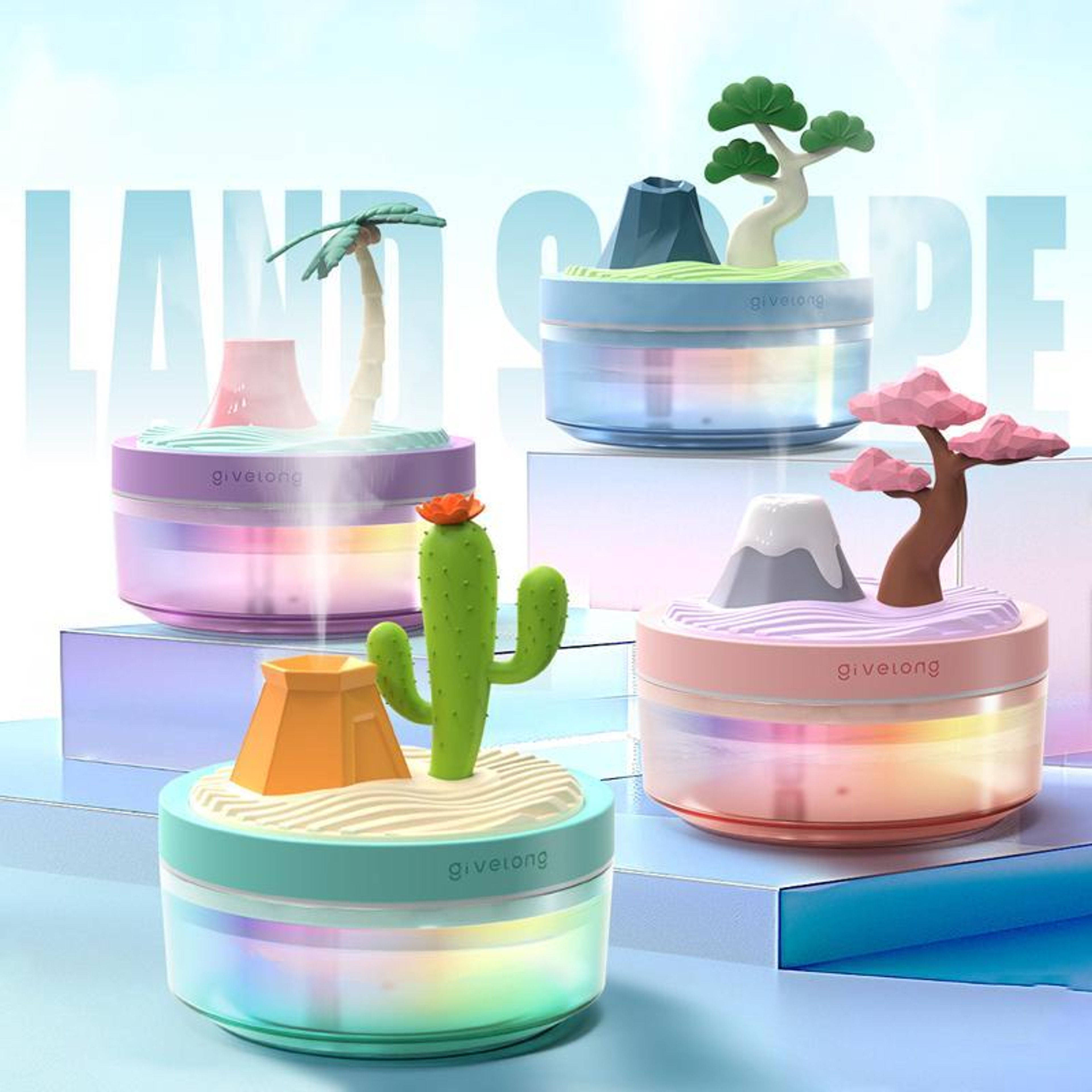 Mini USB Humidifier With Pine Tree Landscape Night Light And Dual Mist 0