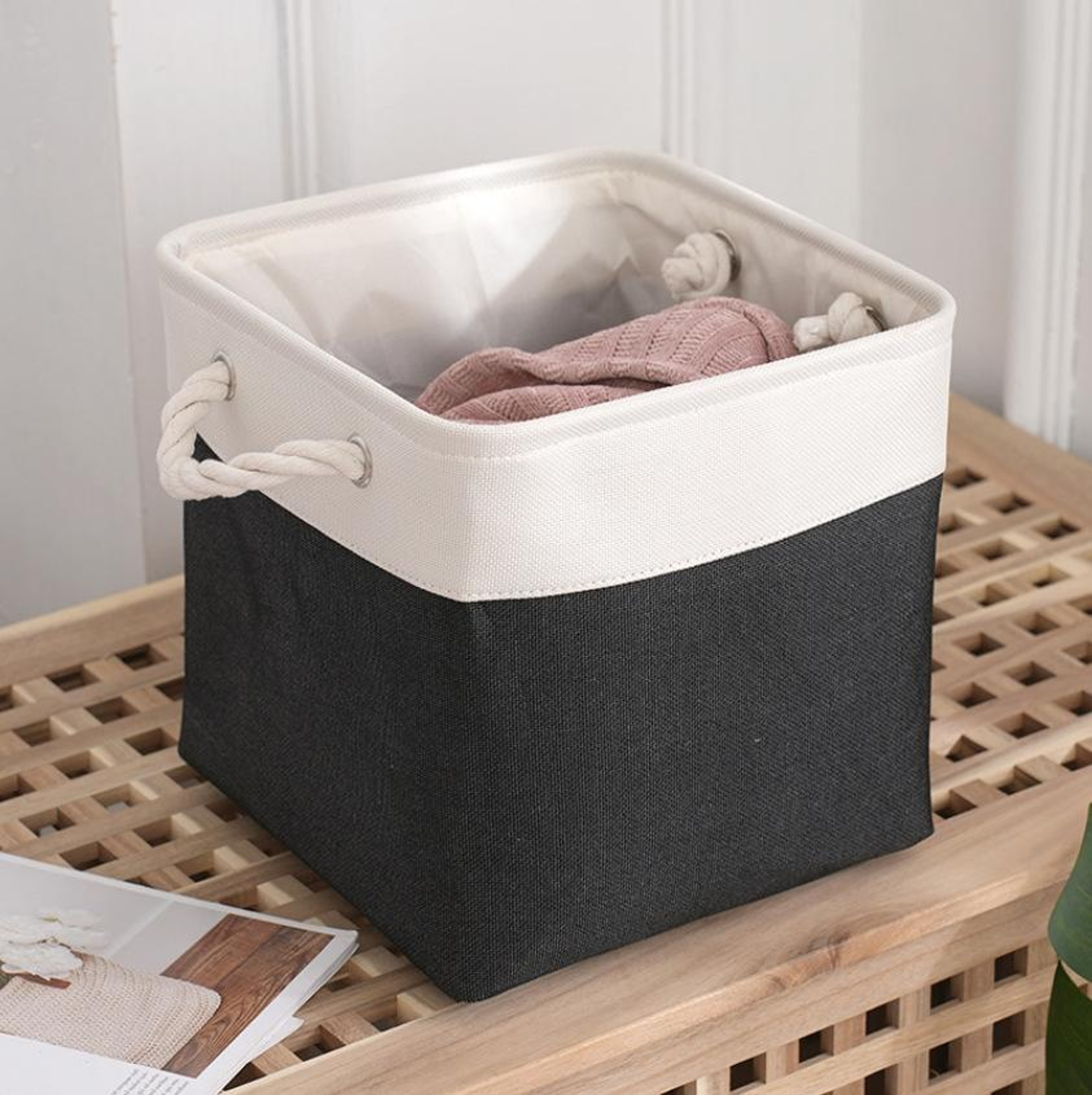 11 Inch Collapsible Storage Cube With Linen Fabric And Rope Handle 4