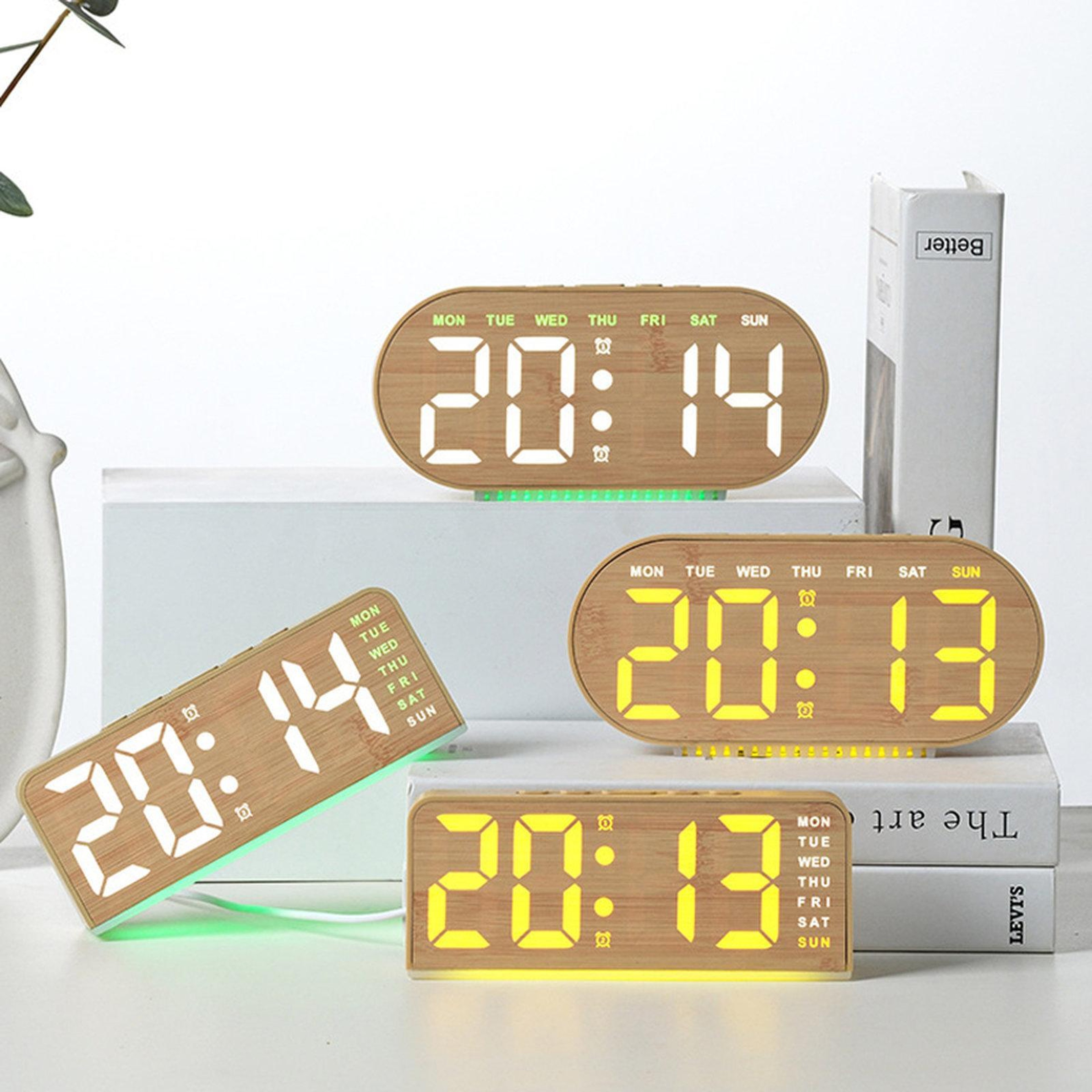 Faux Bamboo Digital Alarm Clock with Ambient Light, LED Display, Date, Weekday and Temperature – view 2