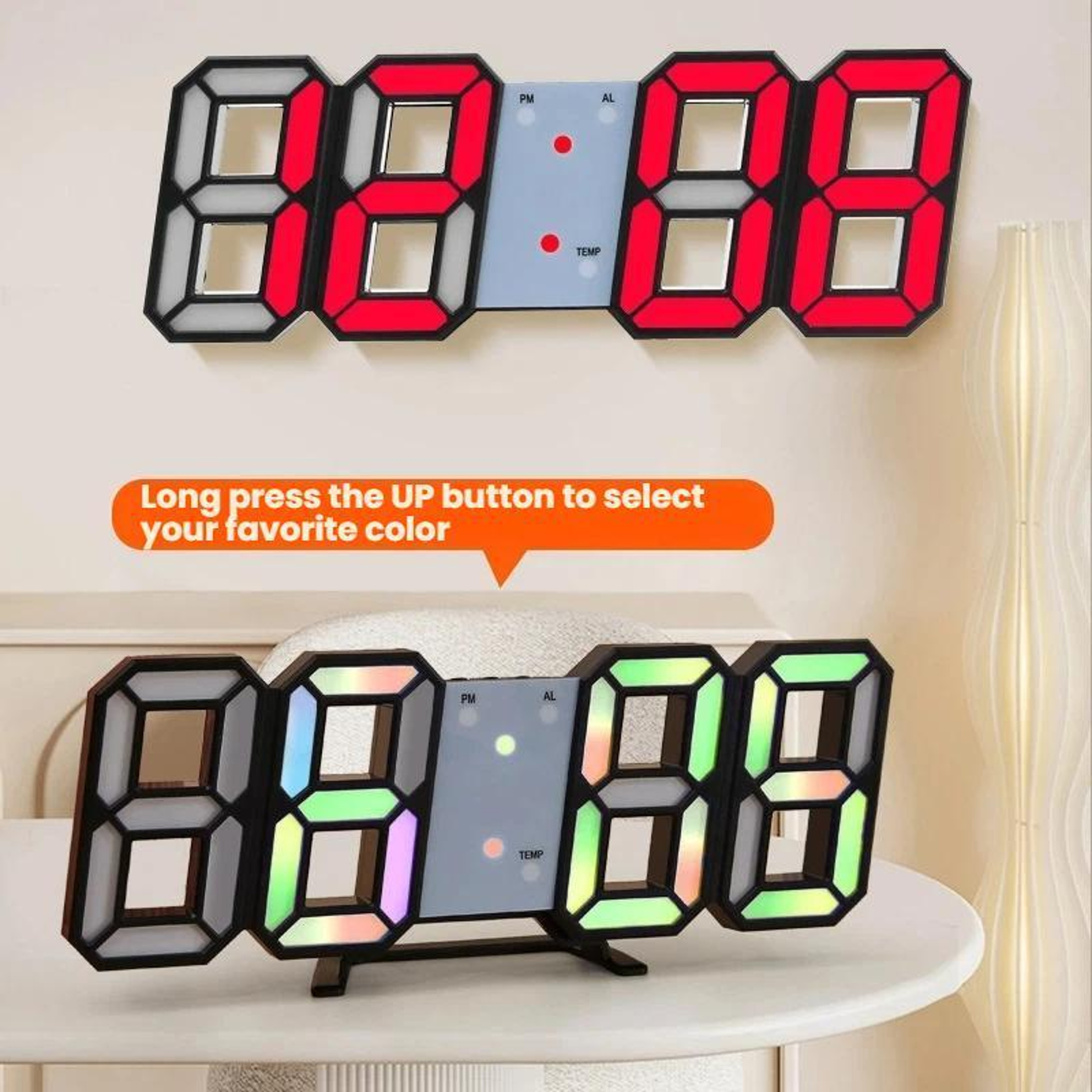 RGB 3D LED Digital Wall Clock With Auto Brightness And Triple Alarm 1
