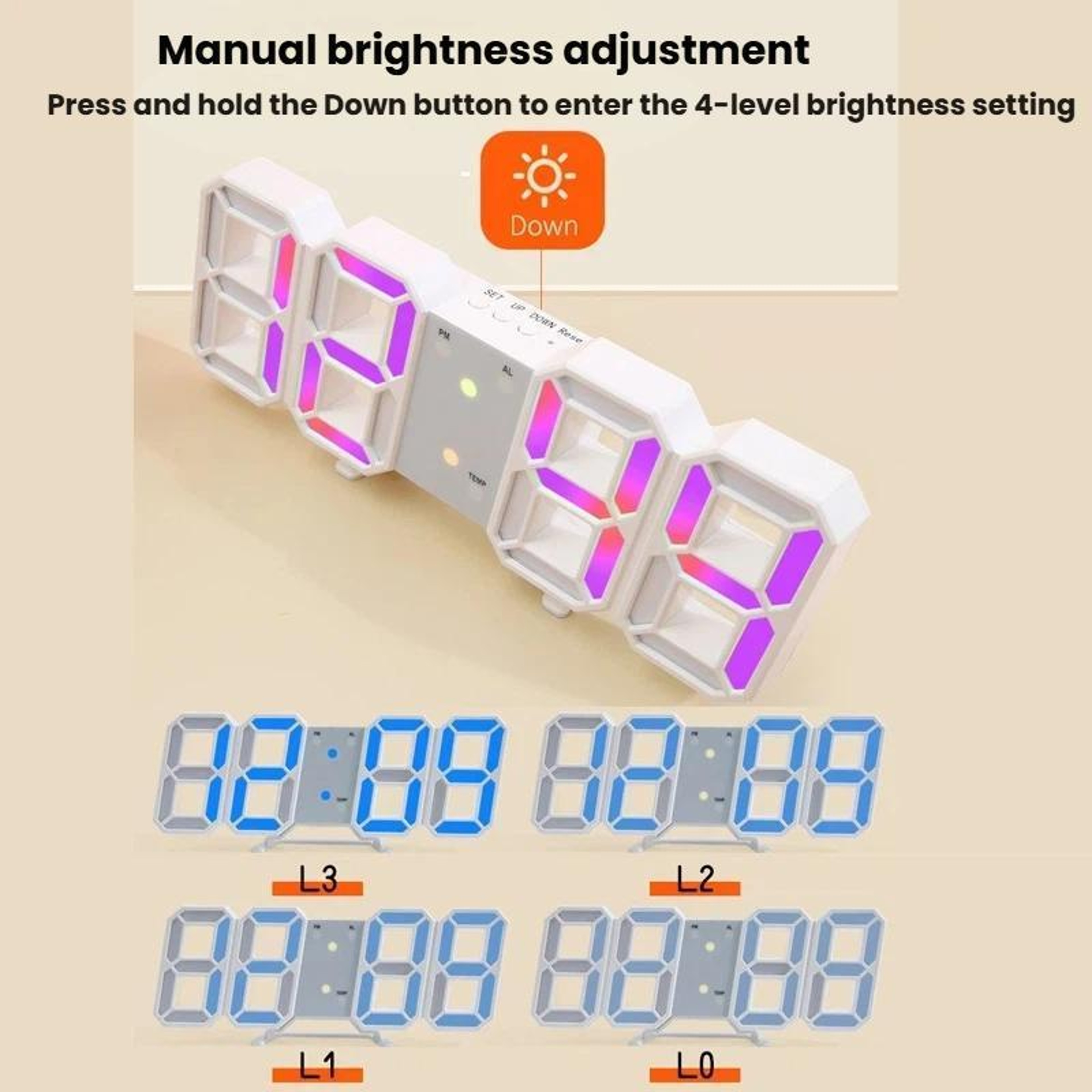 RGB 3D LED Digital Wall Clock With Auto Brightness And Triple Alarm 3