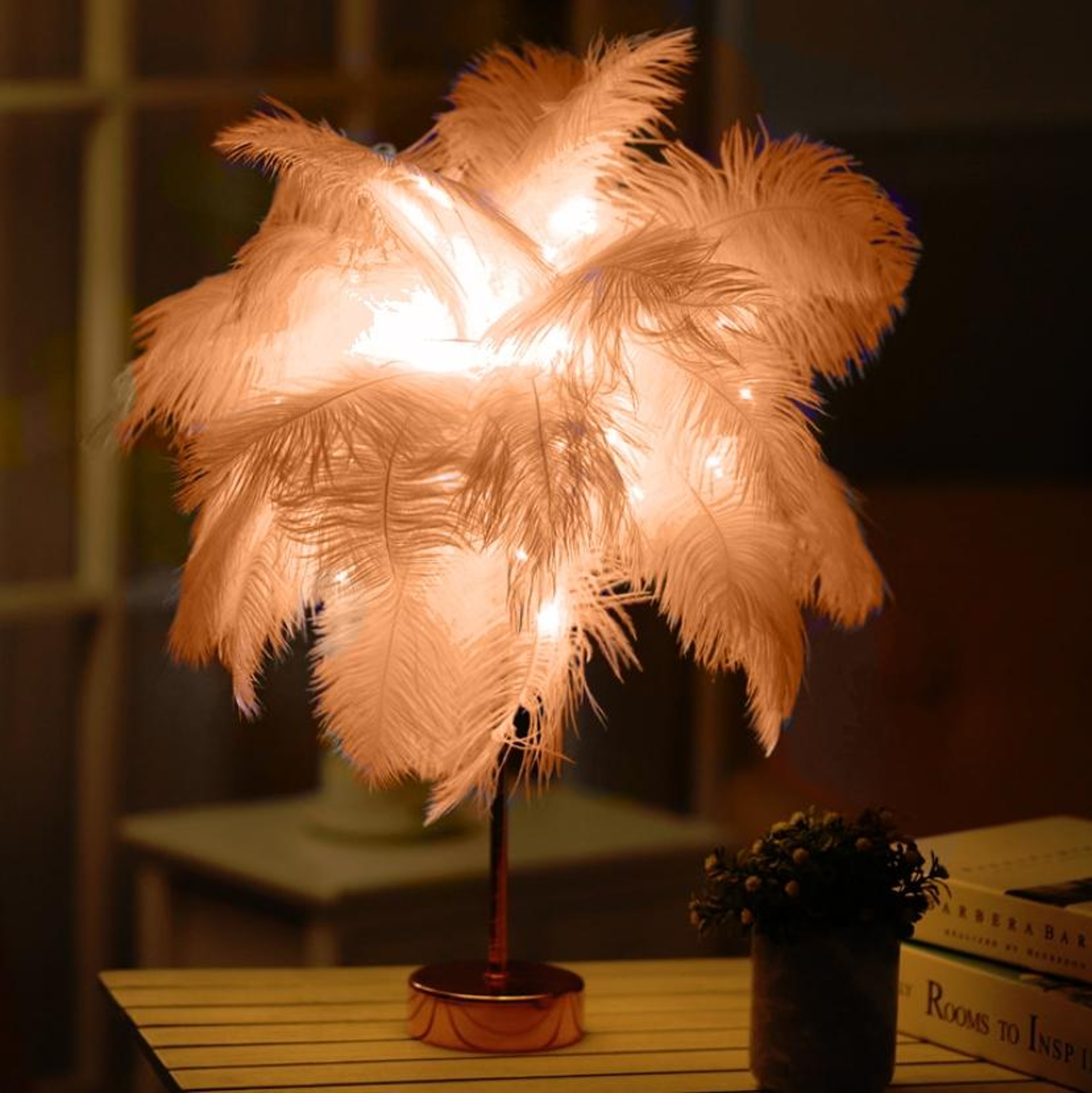 Ostrich Feather Table Lamp With Dimmable LED Night Light And Remote Control 10