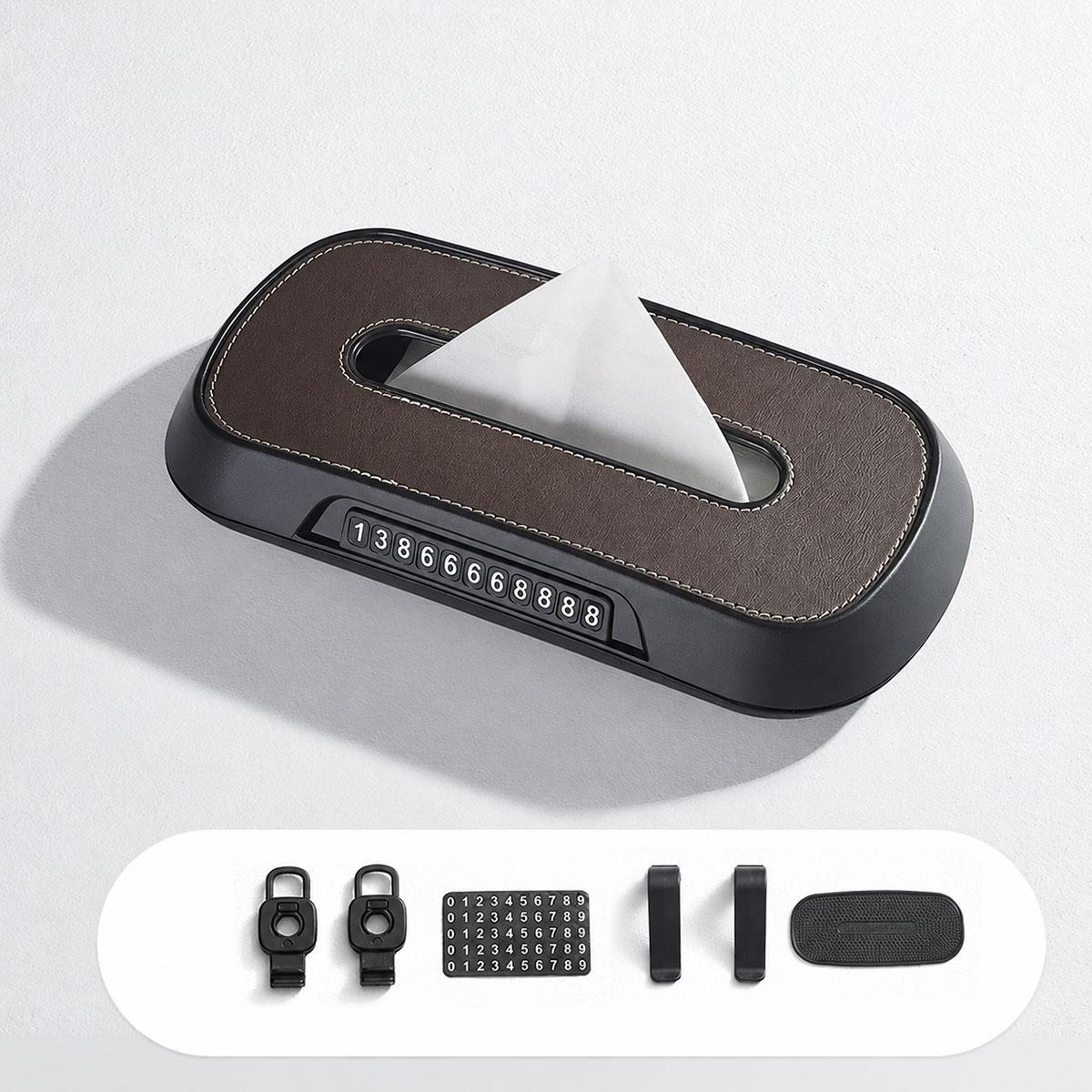 2in1 Car Tissue Box With Temporary Parking Phone Number Card And Leather Holder 14