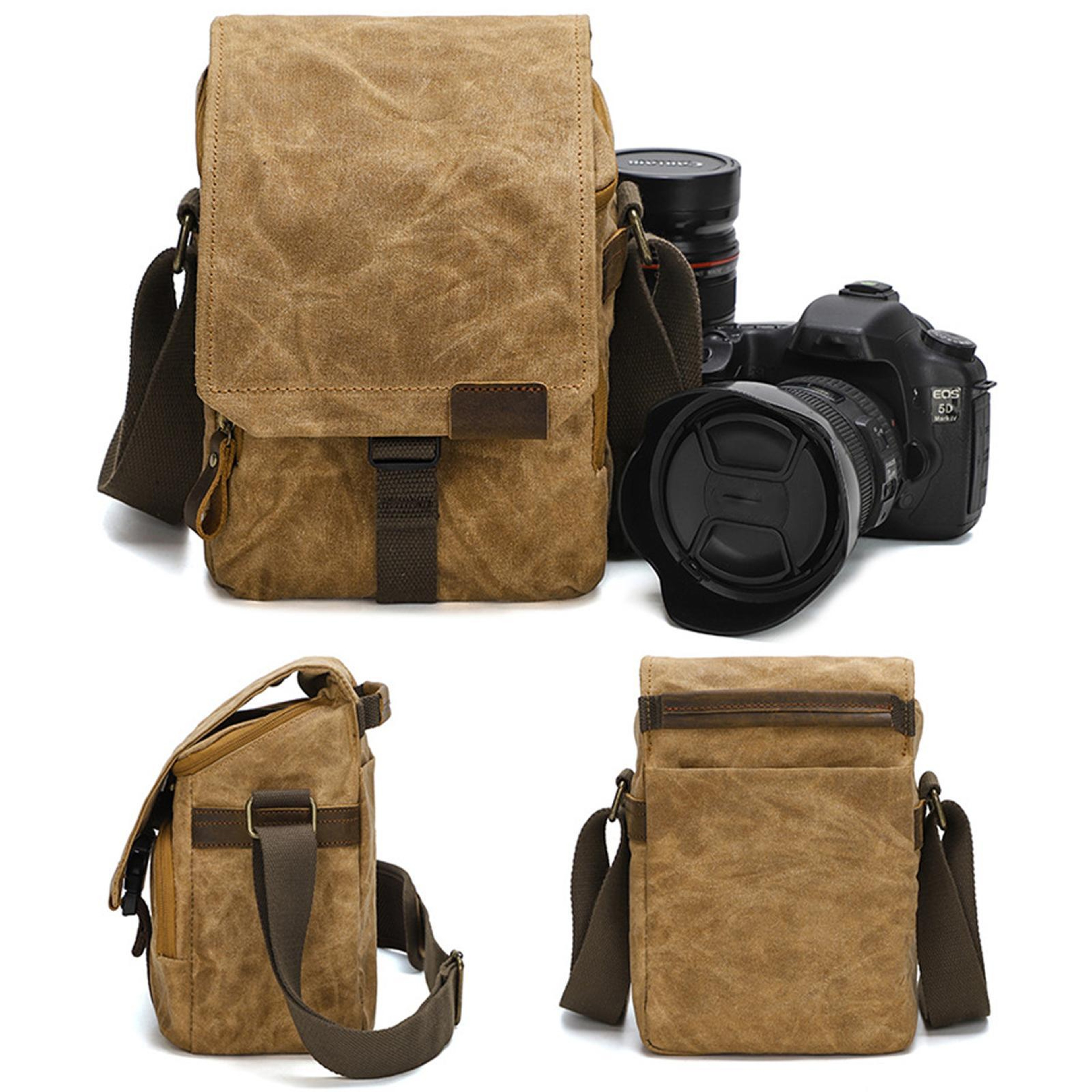 Vintage Waxed Canvas Camera Bag WaterRepellent DSLR  Mirrorless Shoulder Messenger Bag 1
