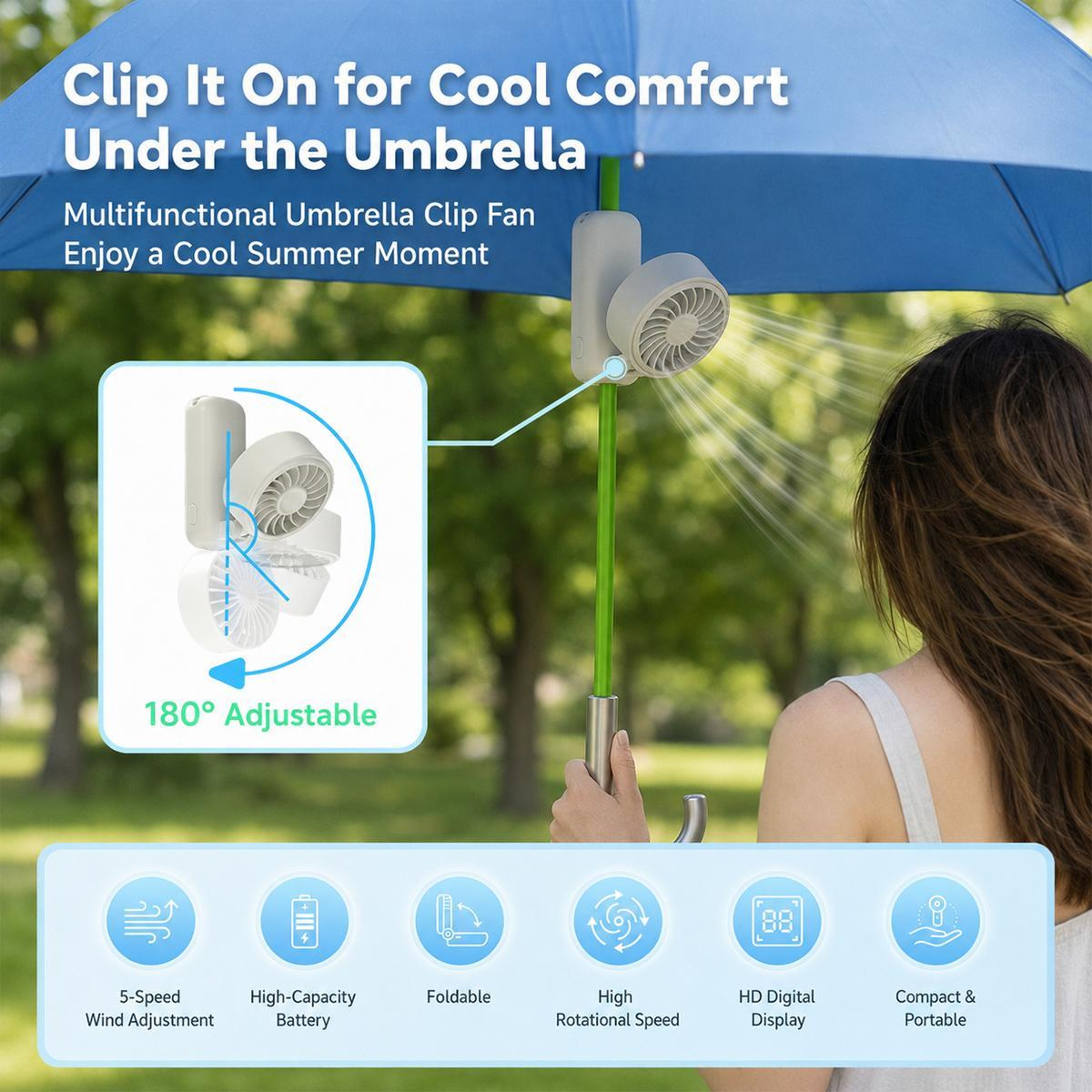 Umbrella Clip Fan Rechargeable 5-Speed Foldable Handheld Fan – view 3