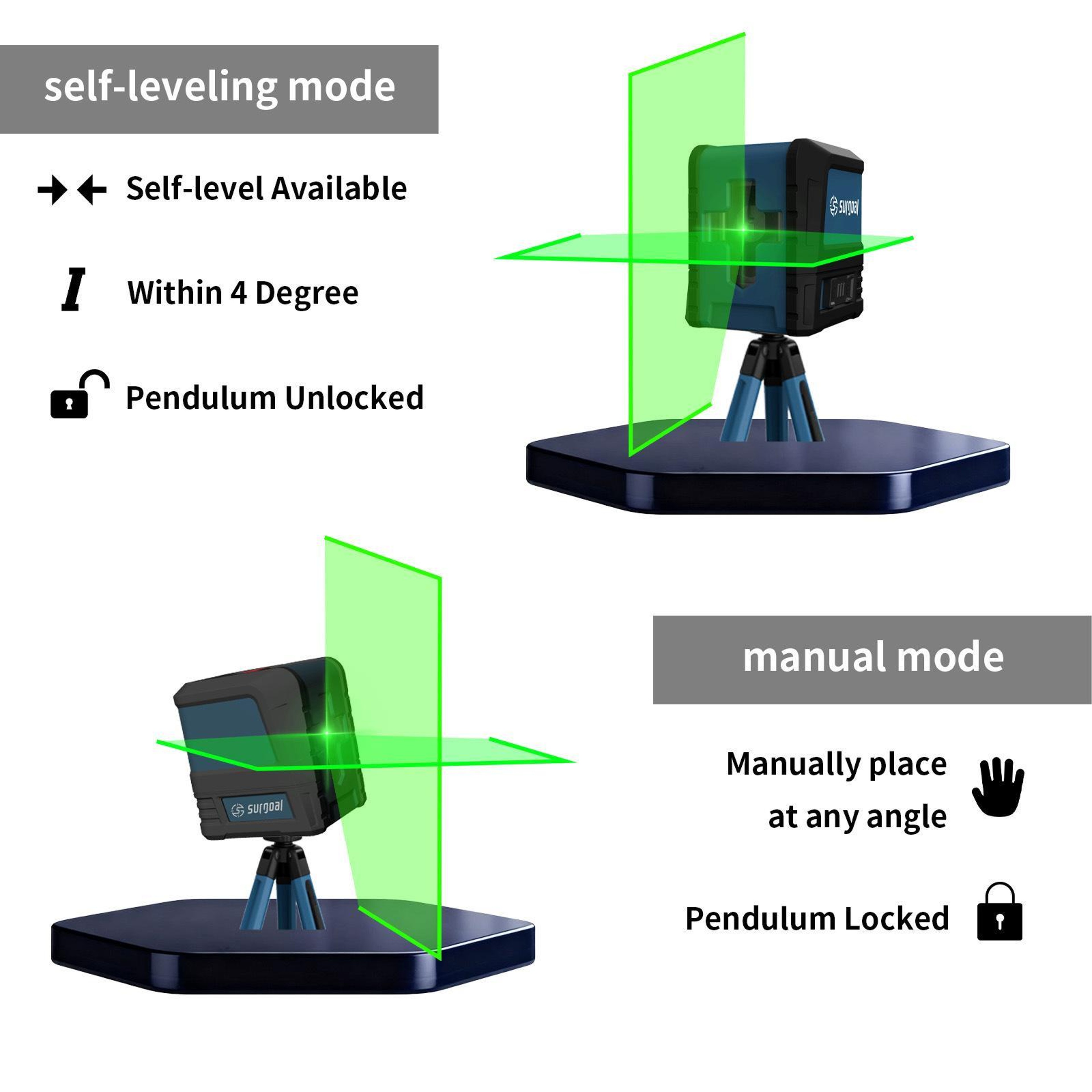Green Laser Level with Self-Leveling Cross Line and Manual Angle Mode – view 9