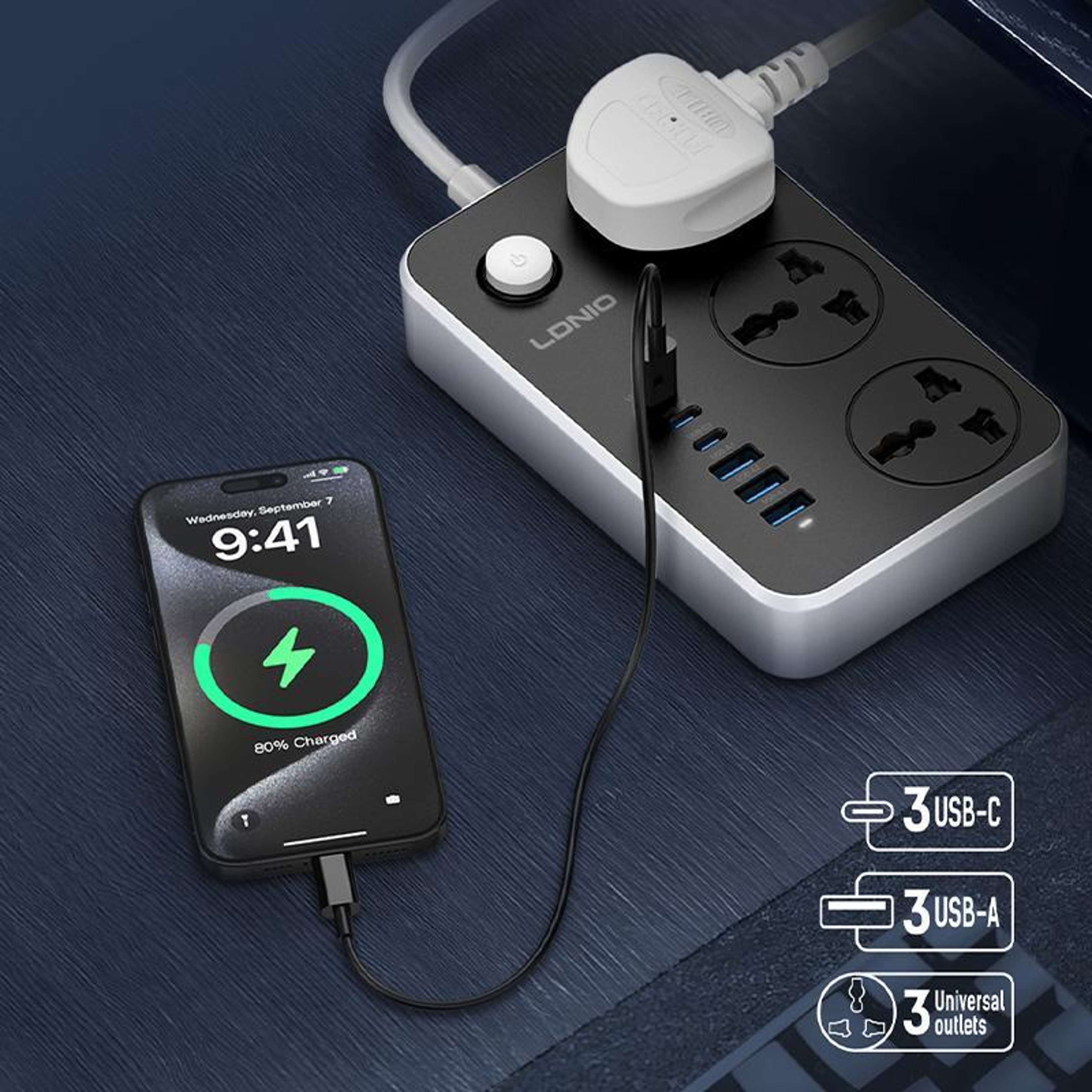 2500W USB C Power Strip With 3 Universal AC Outlets 6 USB Ports And 2m Cord 6