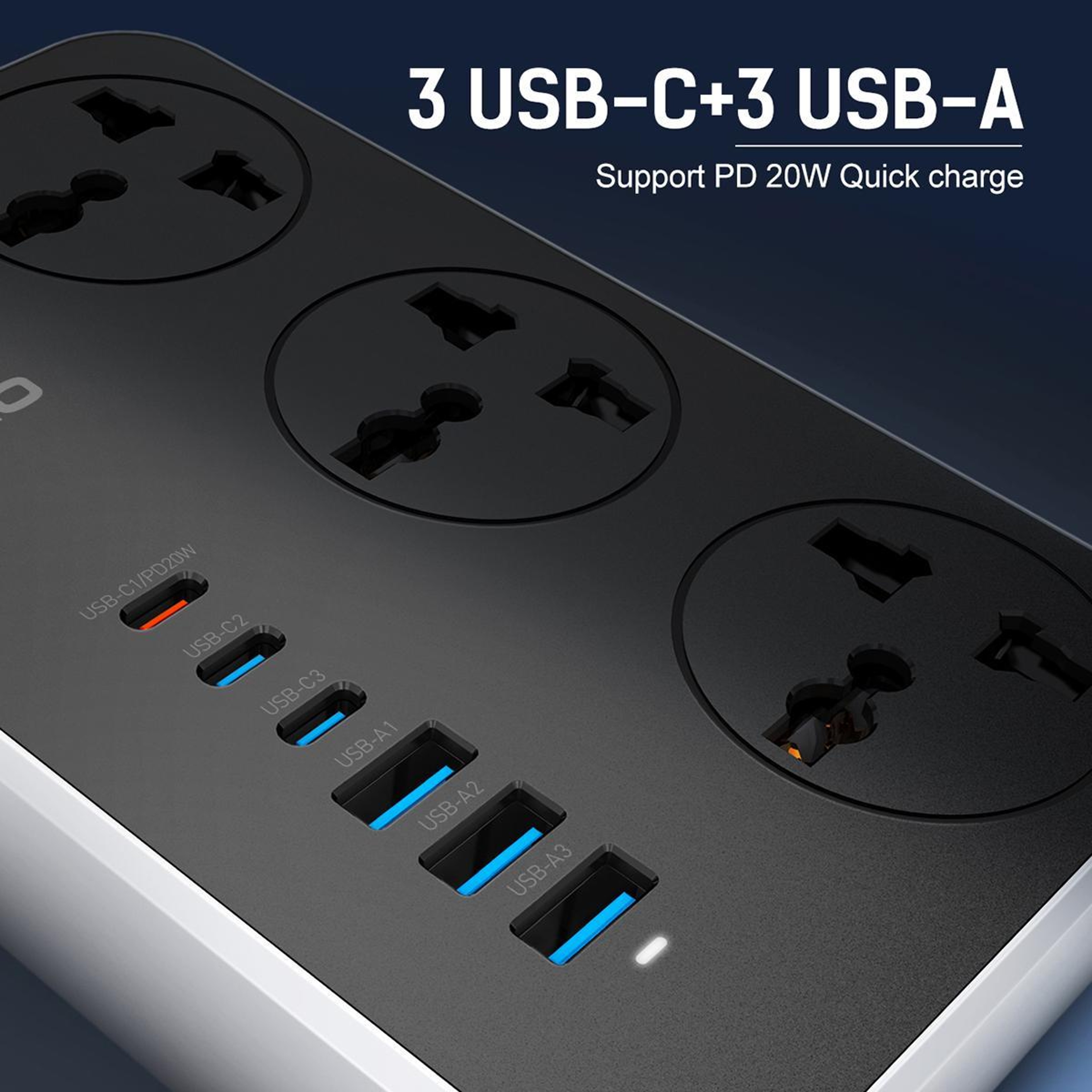 2500W USB C Power Strip With 3 Universal AC Outlets 6 USB Ports And 2m Cord 7