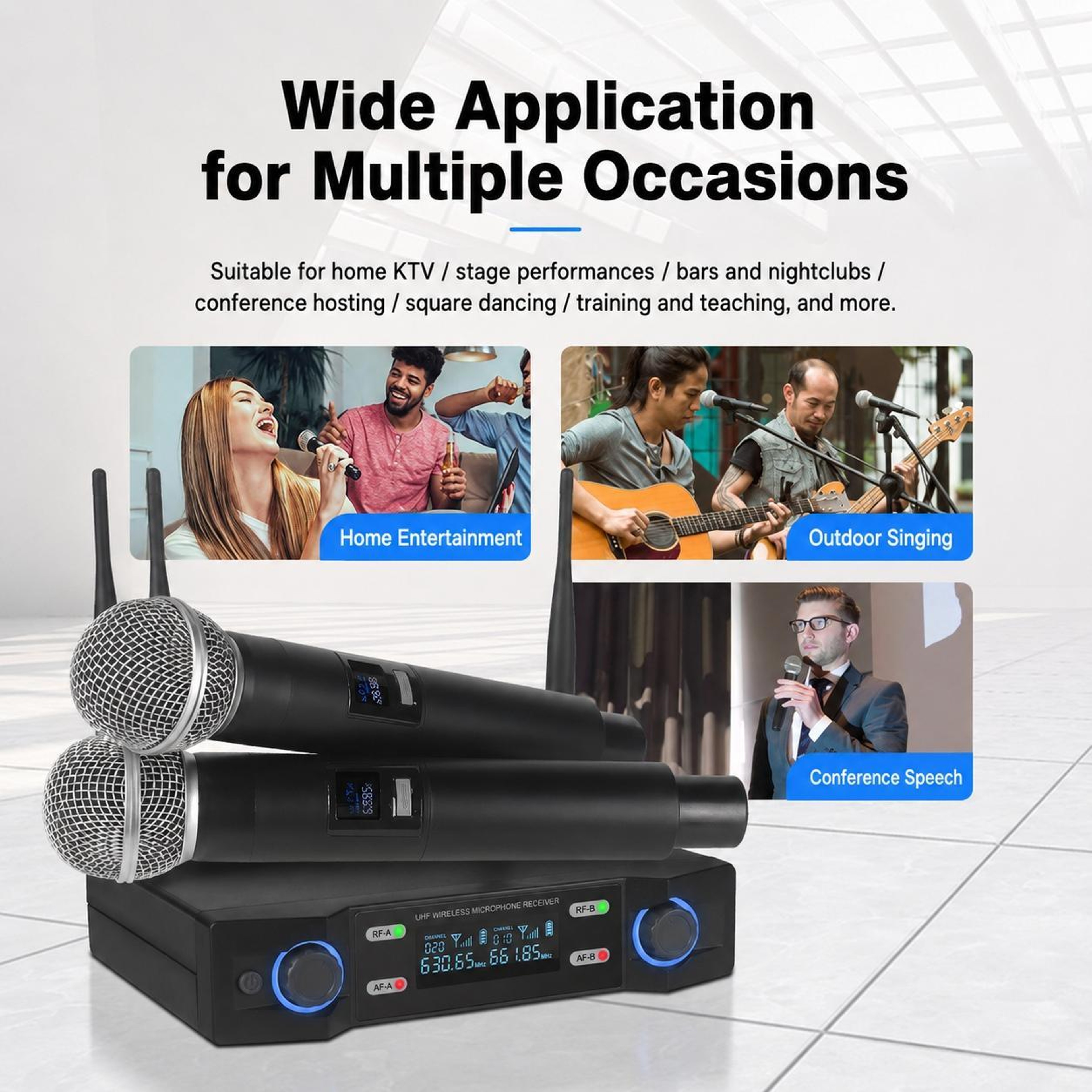 V8 Dual Channel VHF Wireless Microphone System with 2 Handheld Mics and 50m Range – view 14
