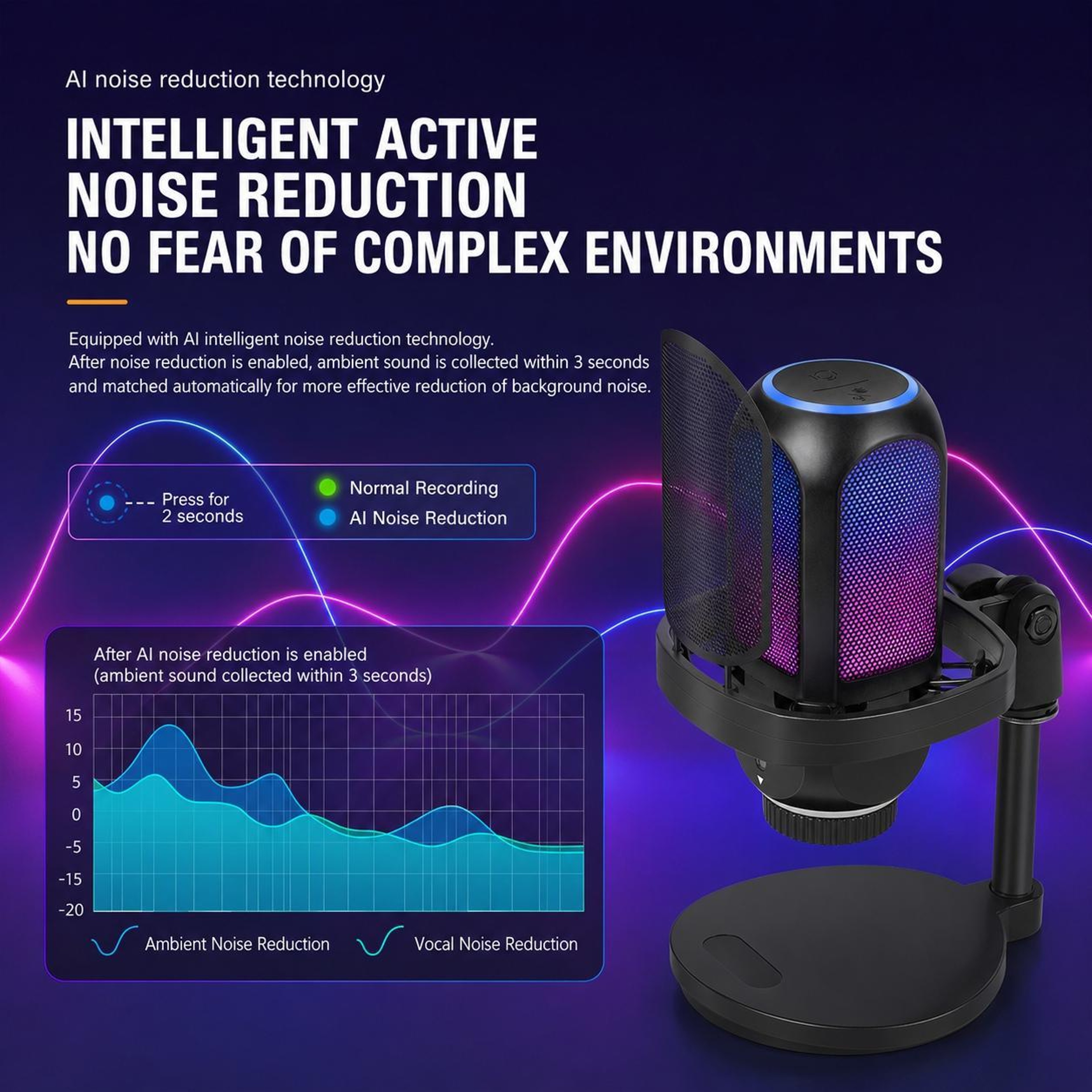 AI Noise Reduction USB Condenser Microphone With RGB Lighting And Adjustable Boom Arm 8