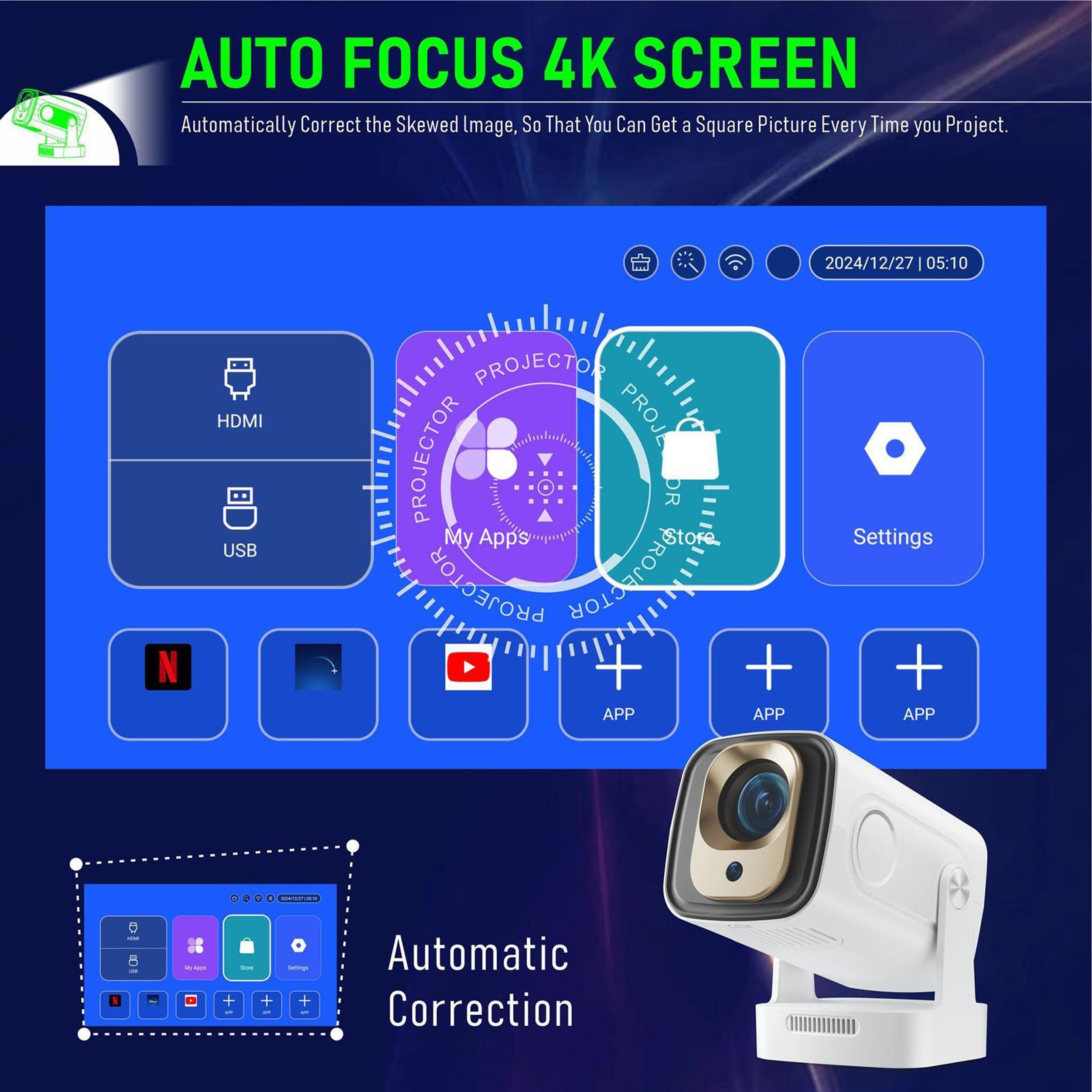 HY260 Pro 1080P Smart Projector With WiFi 6 4K Support And Short Throw 10