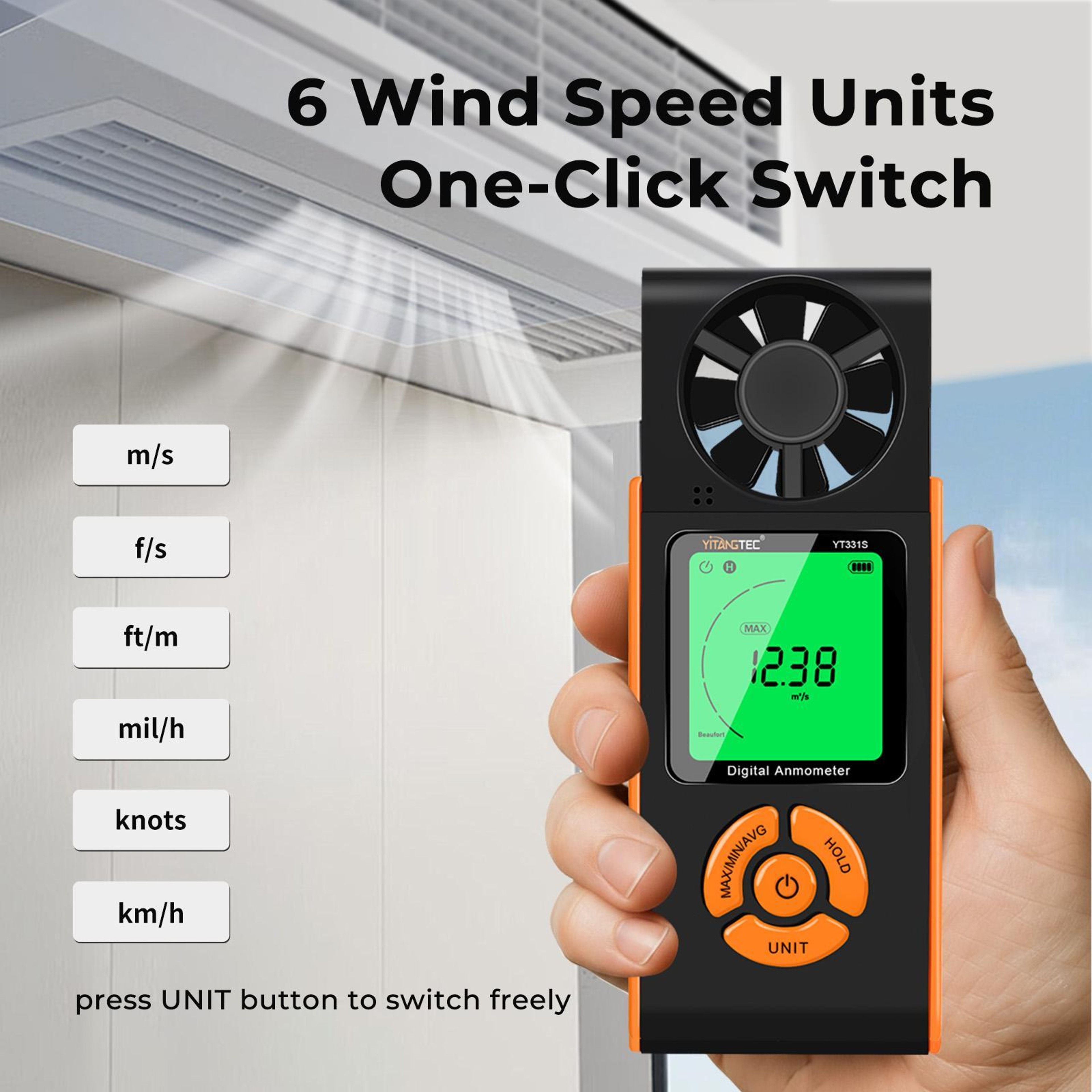 Digital Anemometer Portable Wind Speed Meter with Full-View Display and 3-Color Warning – view 3