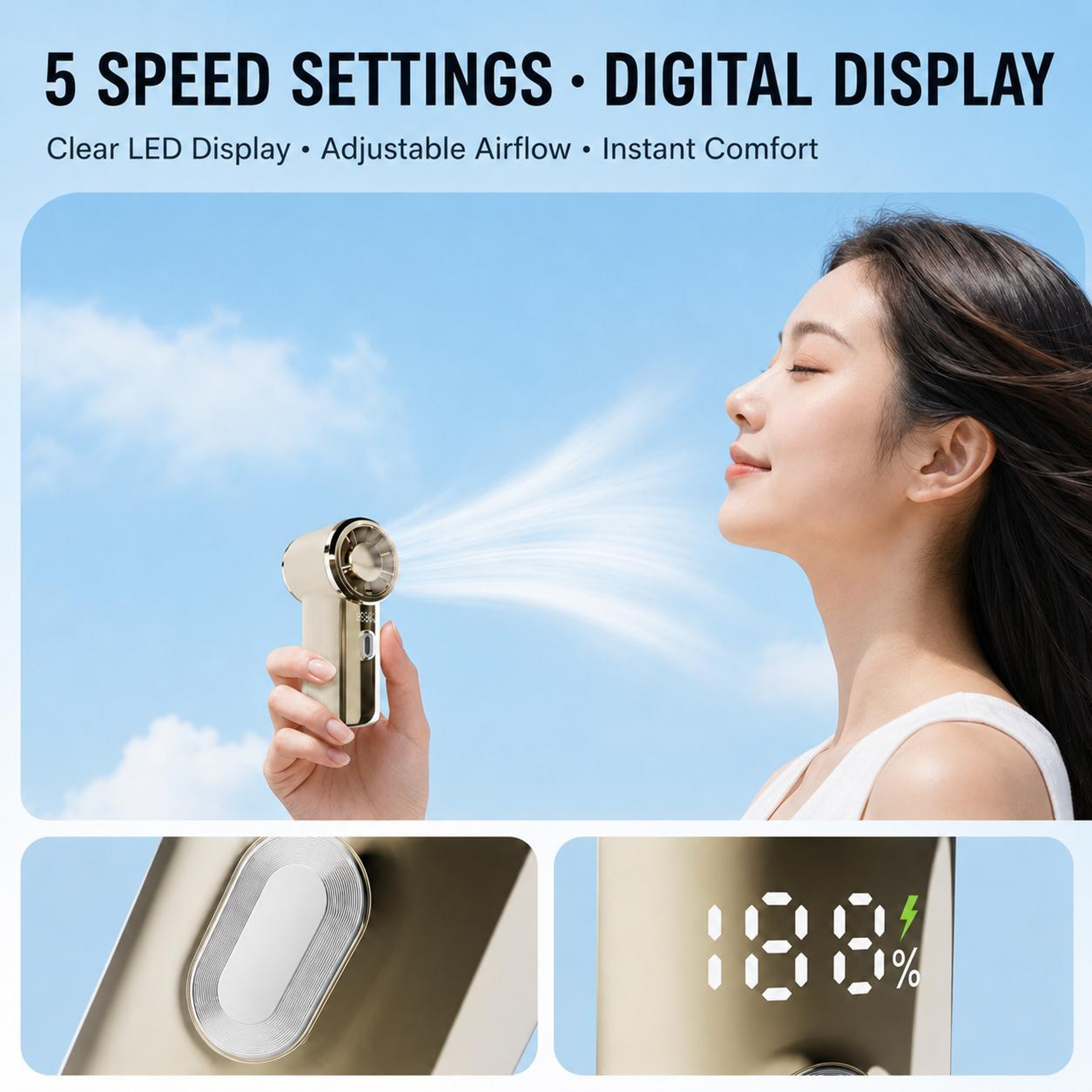F9 Portable Mini Fan With Turbo Airflow Rechargeable Handheld Fan And Digital Display 4