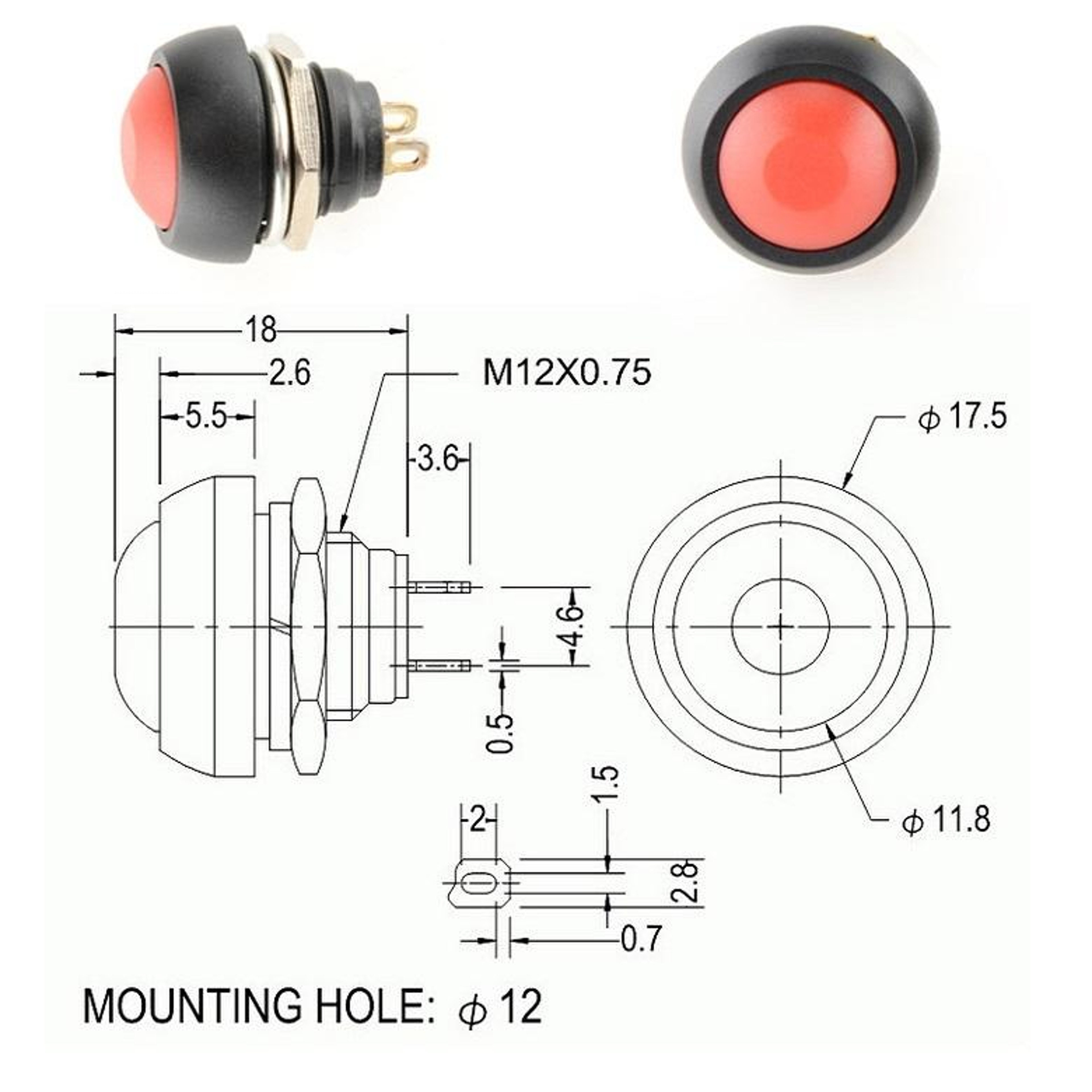 10PCS Waterproof Push Button Switch 12mm Momentary SelfReset Normally Open 2