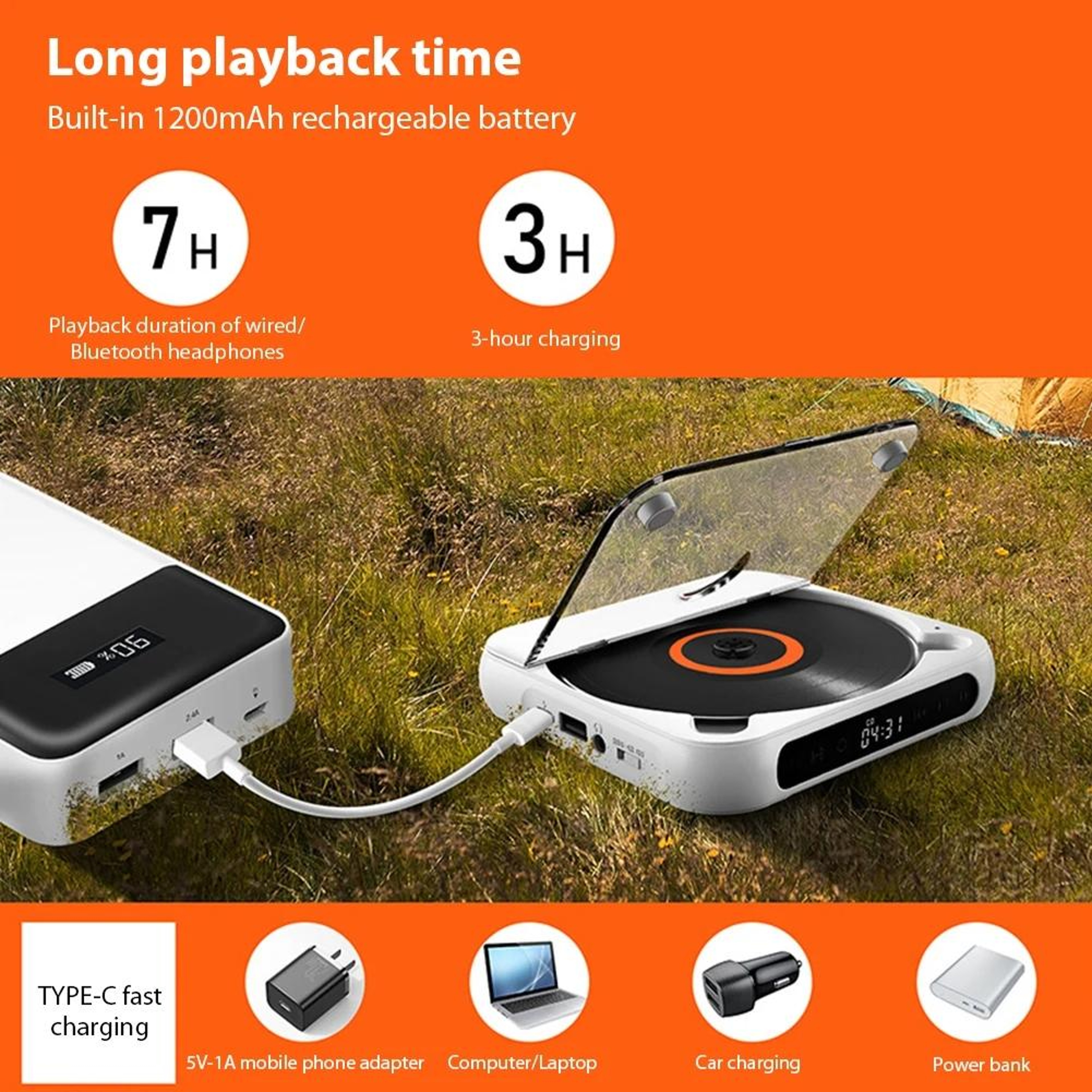 Portable CD Player With Bluetooth 53 Rechargeable Battery And USB 2