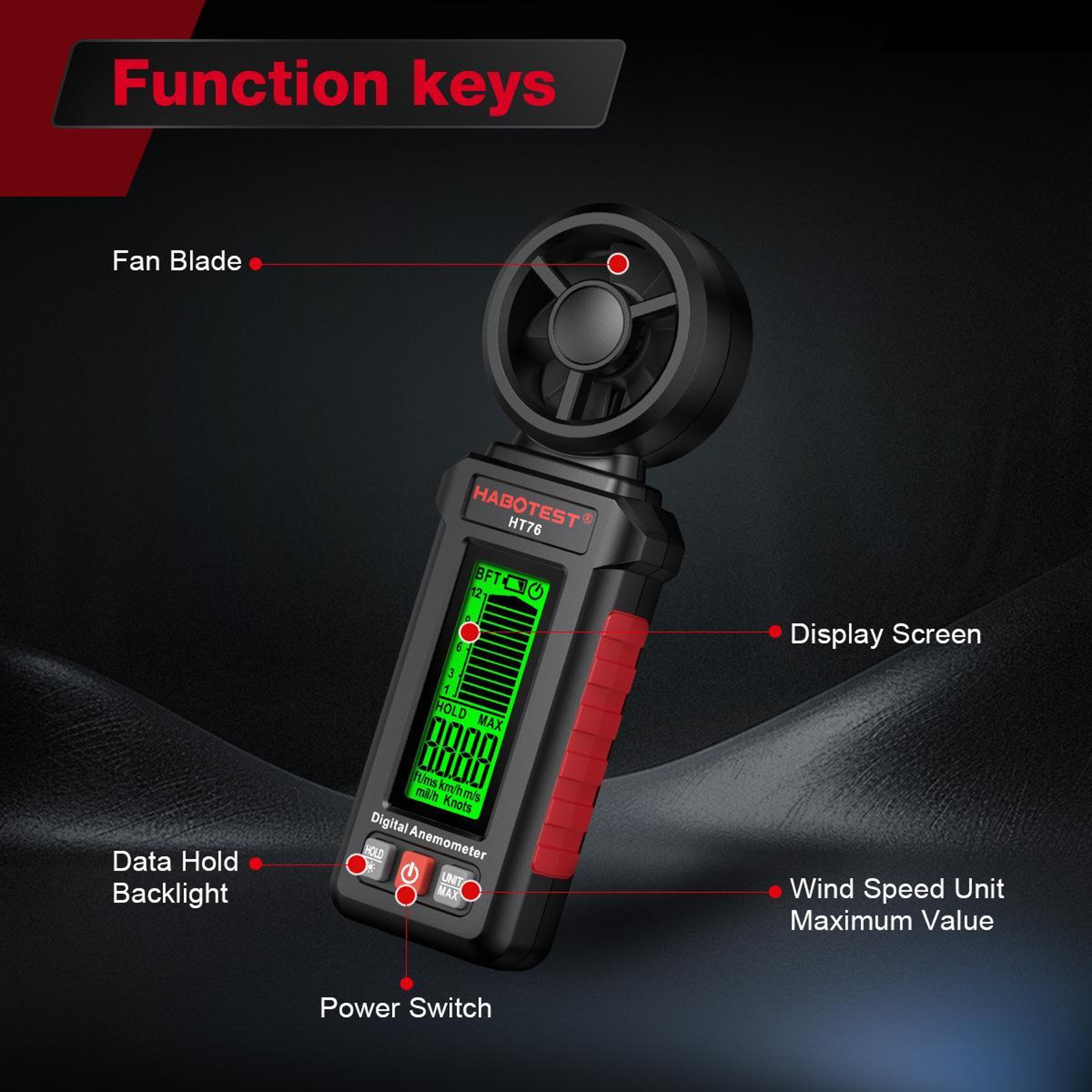 HT76 Digital Anemometer Handheld Wind Speed Meter with 8-Blade Sensor – view 8
