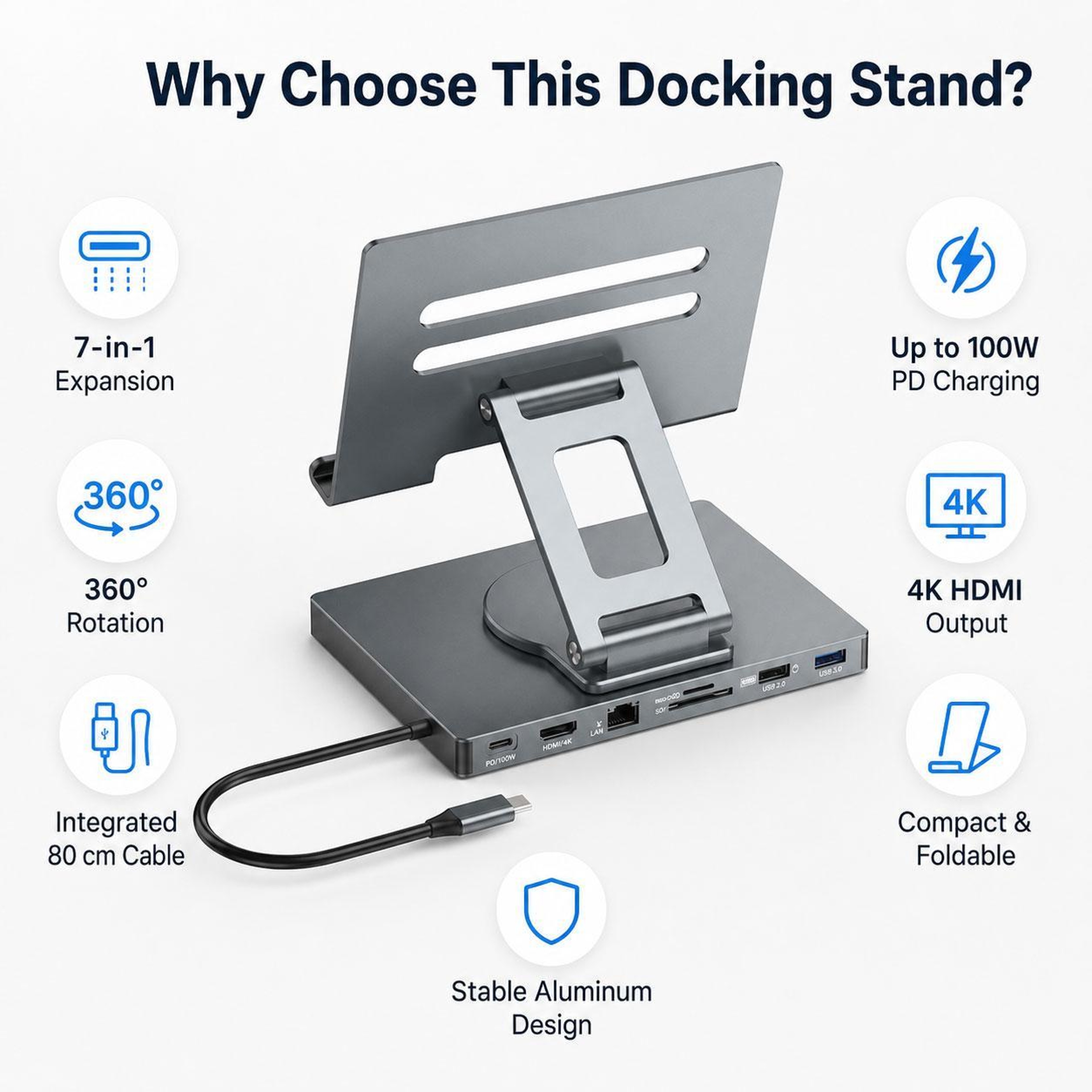 7-in-1 USB-C Docking Station with 4K HDMI and 360° Rotating Tablet Stand – view 3