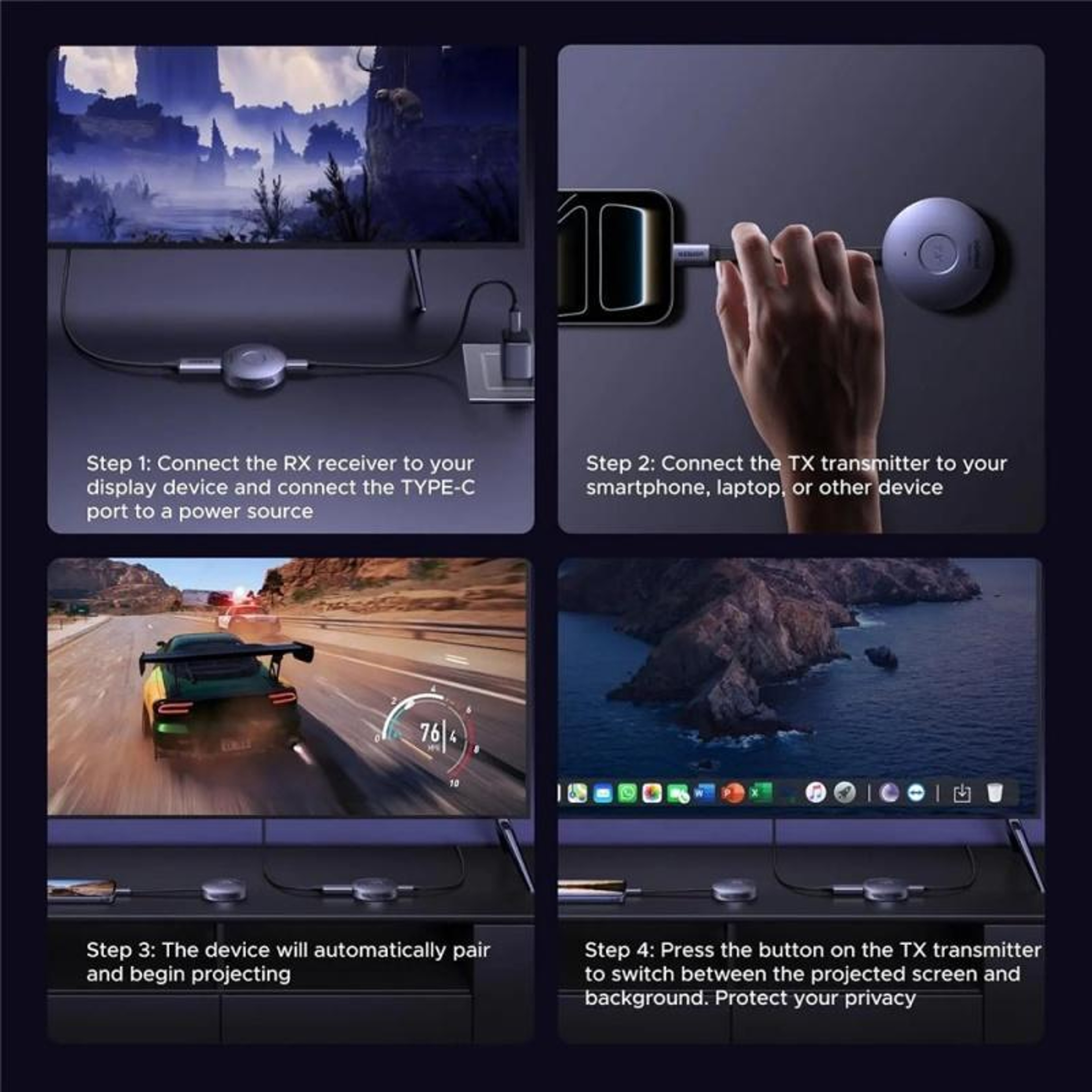 Wireless HDMI Transmitter and Receiver 1080P 60Hz USB-C Screen Mirroring Kit – view 4