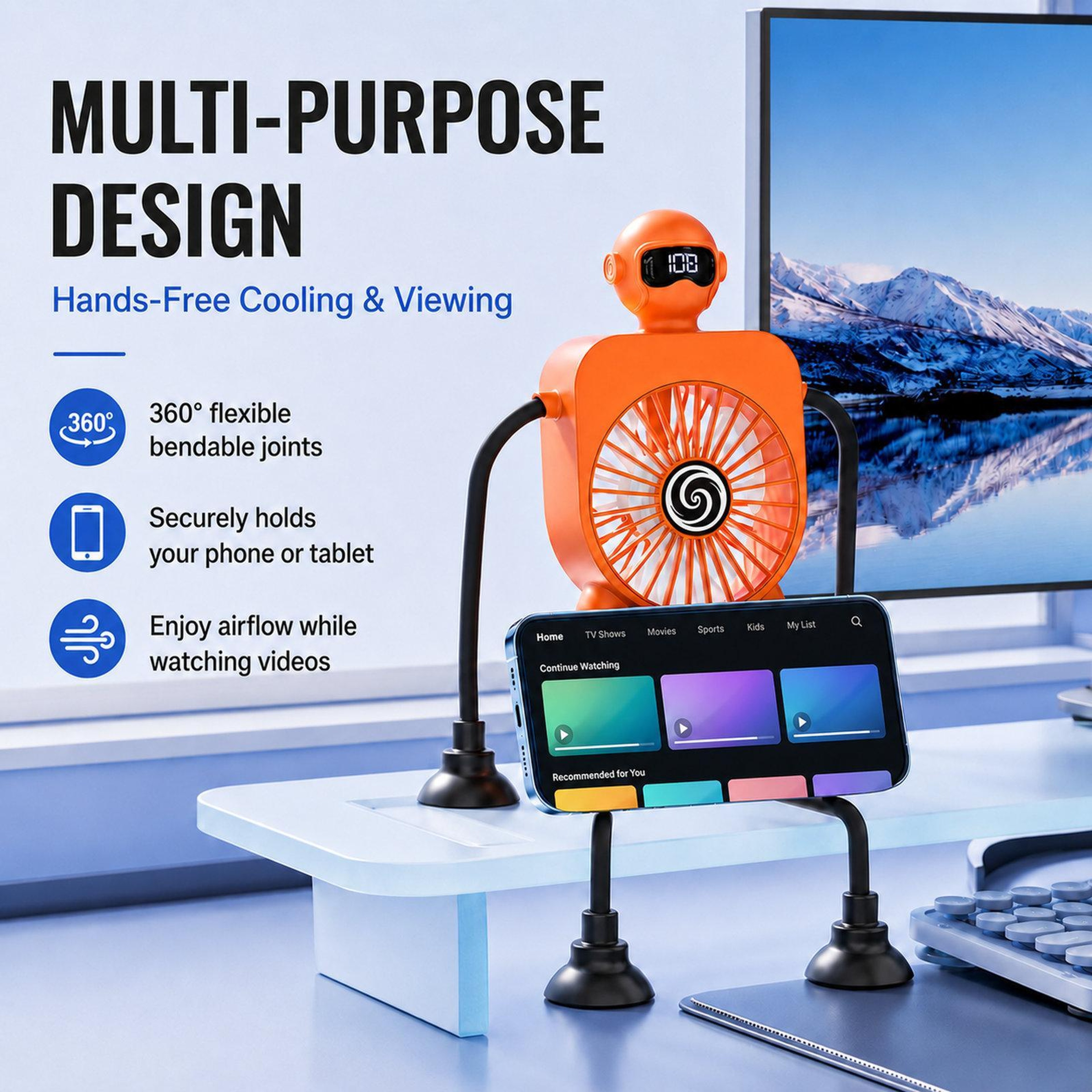 Smart Suction Cup Portable Desk Fan With Digital Display 100Speed Control And USBC Charging 2