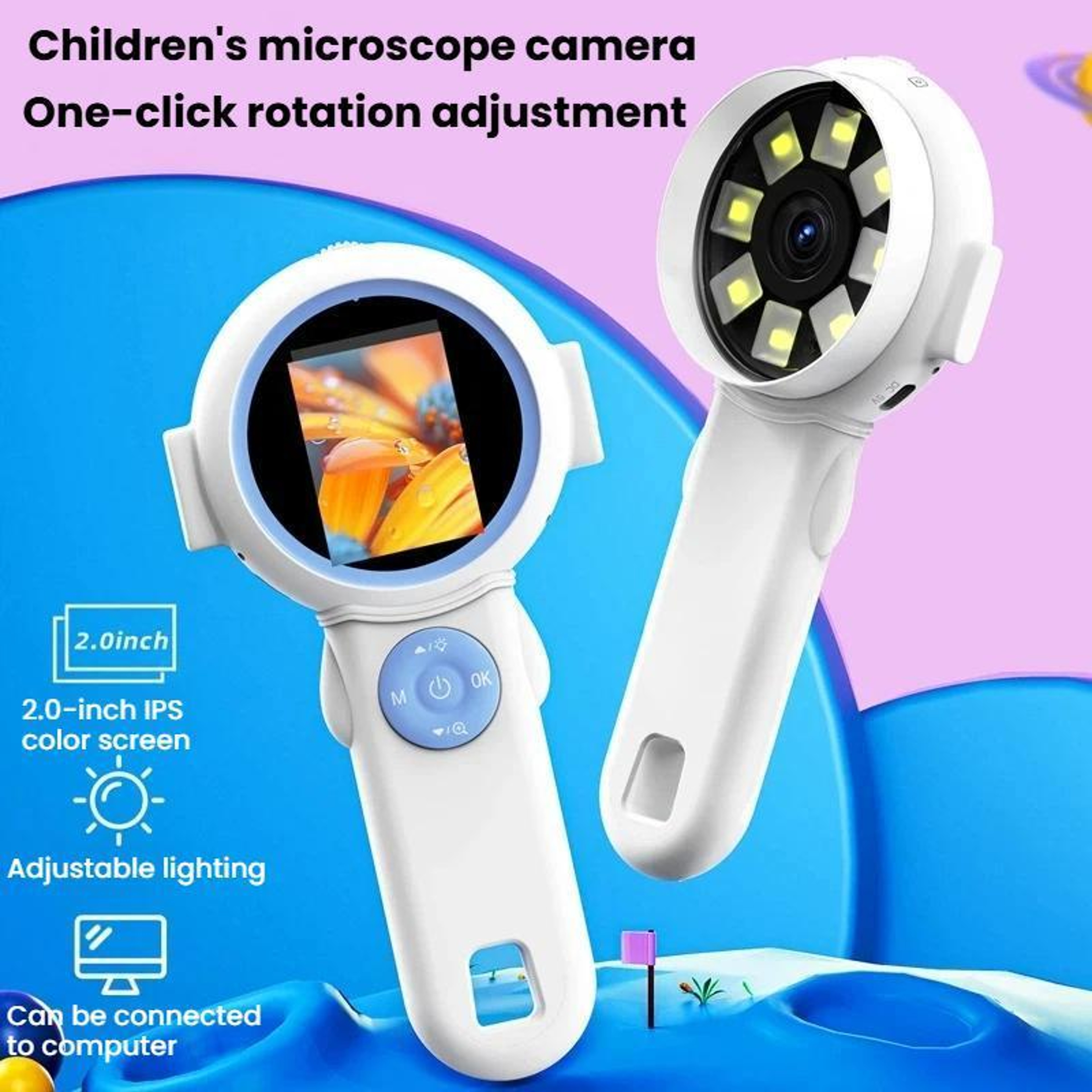 Kids Digital Handheld Microscope with 2-Inch Screen, Adjustable LED Lights & Photo Video Capture – view 2