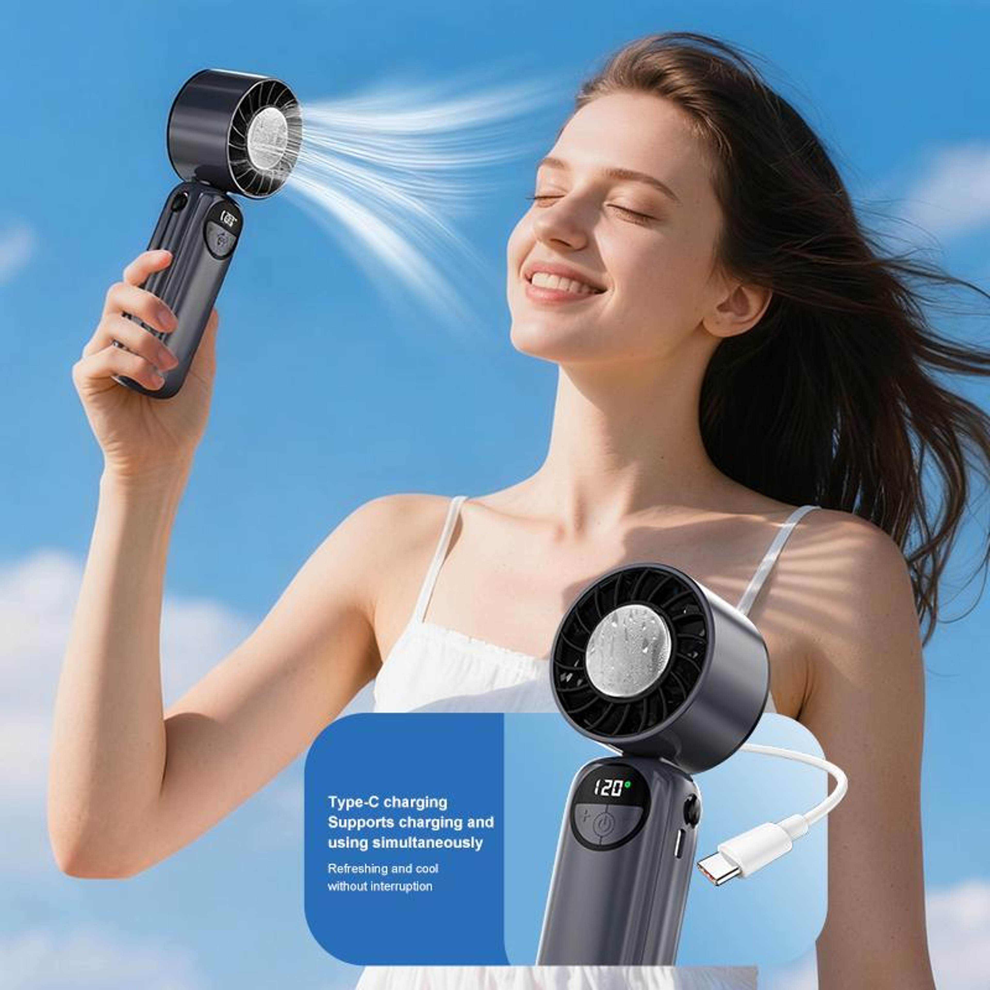 Ice Cooling Handheld Fan with Foldable Neckband and LED Display – view 4