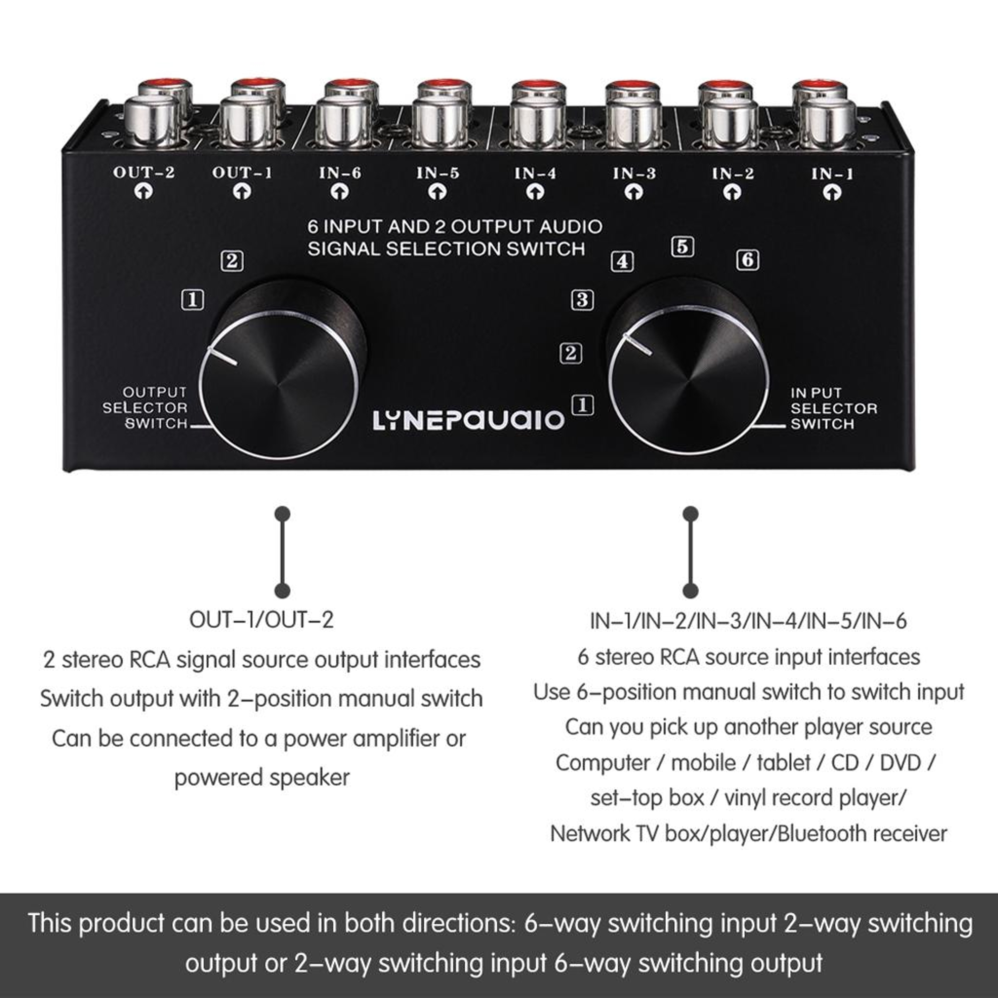 Audio Switcher 6 Input 2 Output Passive Stereo Audio Selector 6