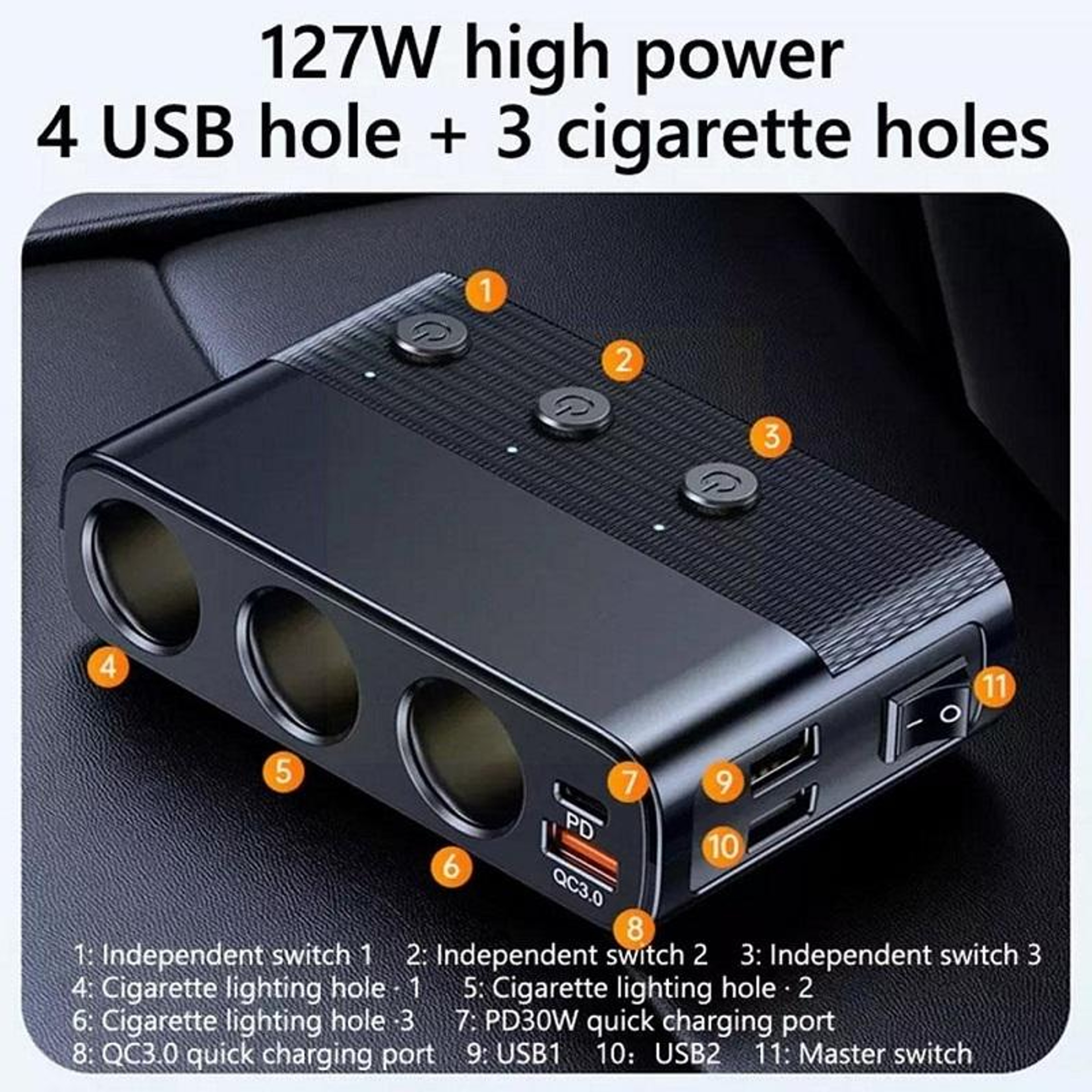 Car Charger with USB C PD, QC3.0 and 3 Socket Cigarette Lighter Splitter – view 7