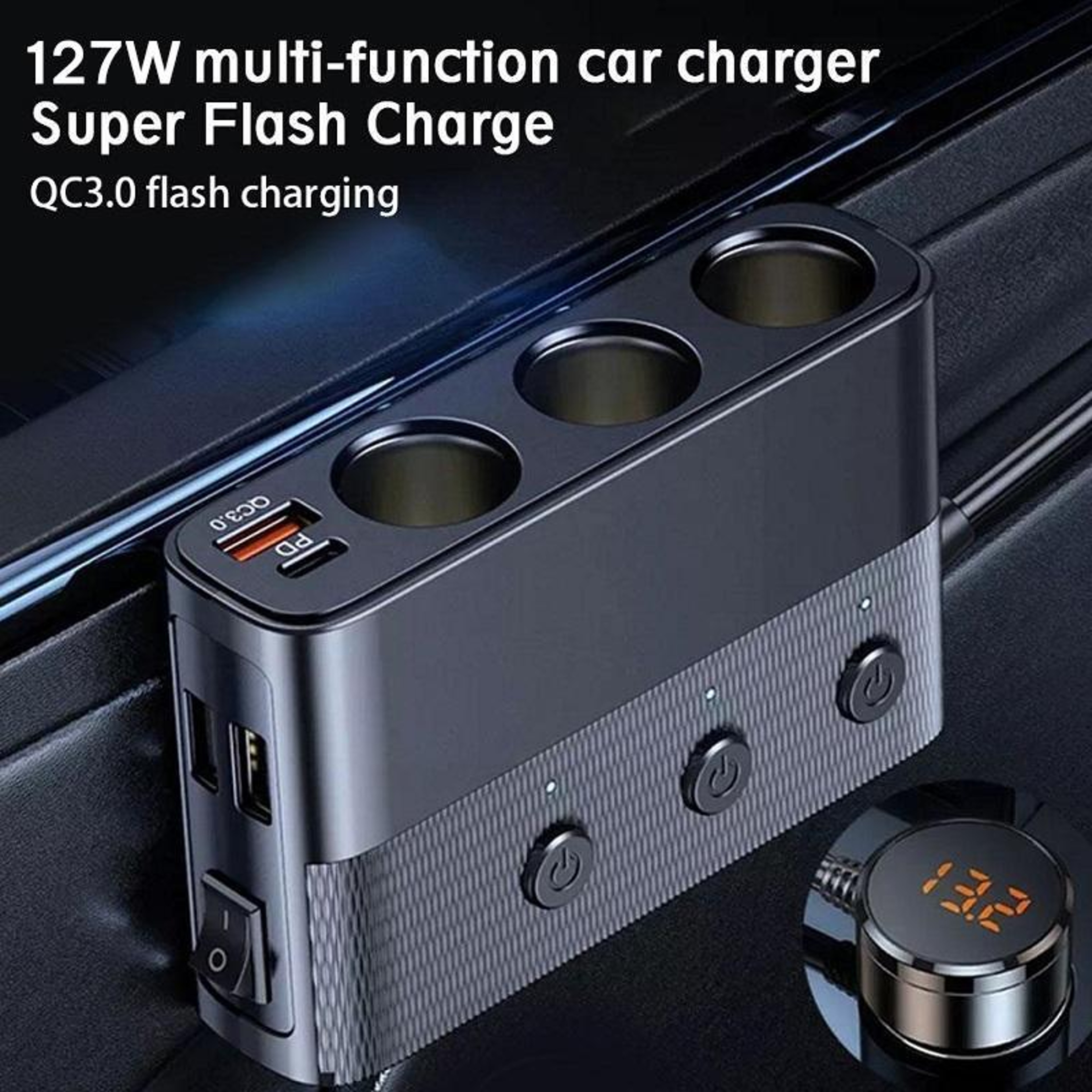 Car Charger with USB C PD, QC3.0 and 3 Socket Cigarette Lighter Splitter – view 9