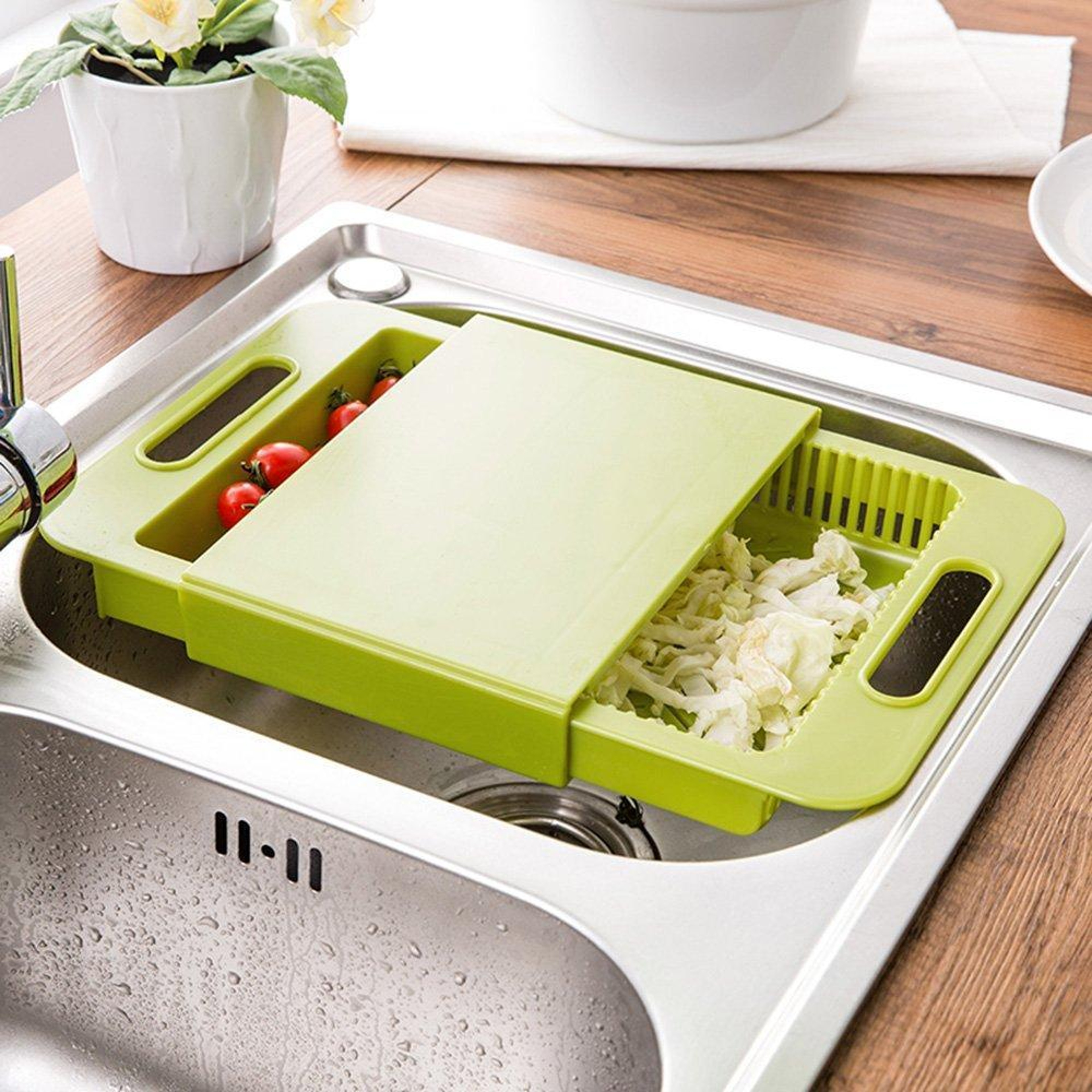Durable cutting and chopping board with builtin strainer