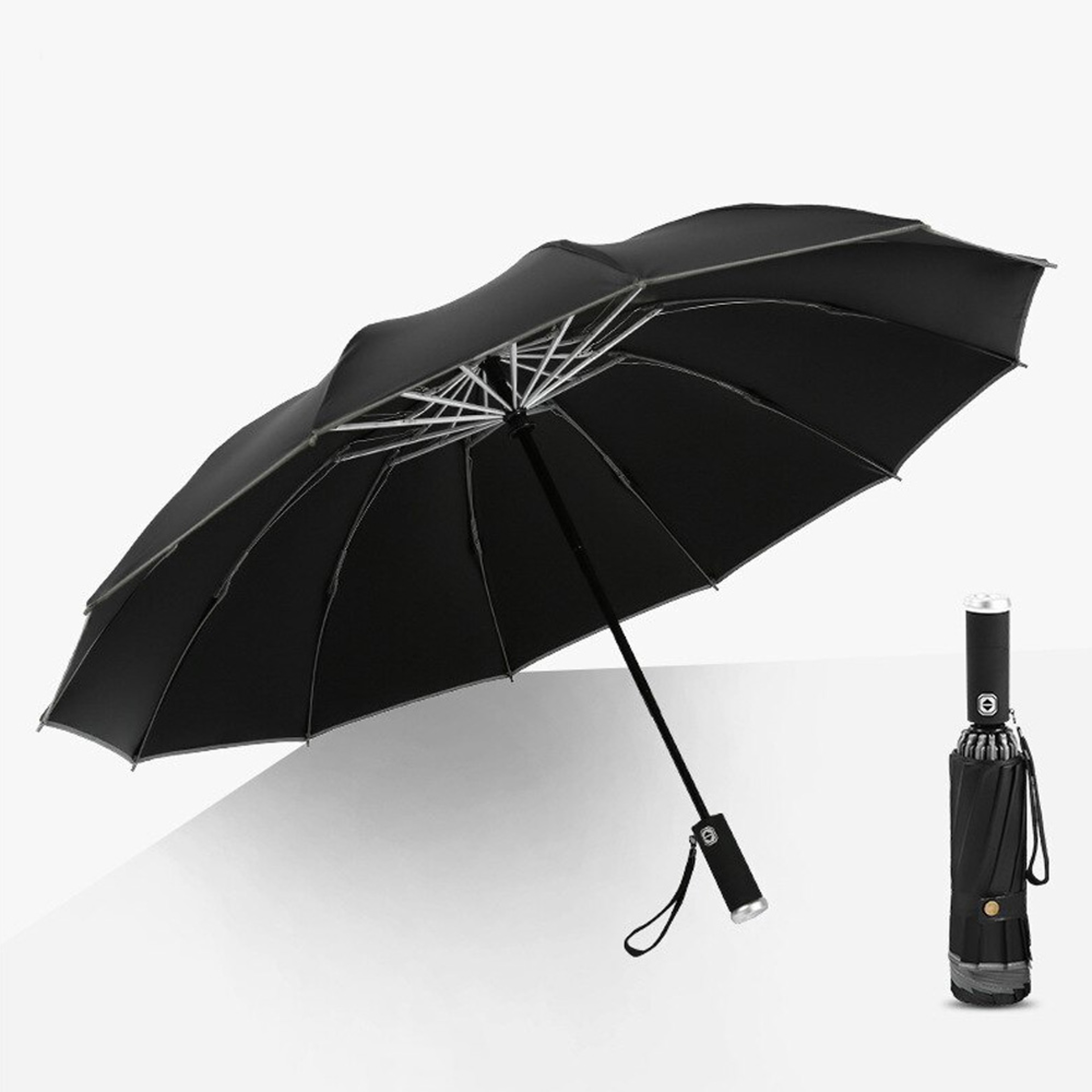 Windproof LED Inverted Umbrella with Reflective Stripe & Reverse Folding black