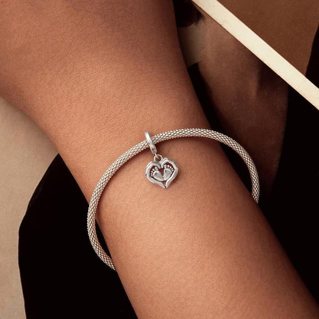 Sterling Silver Mother  Baby Footprint Heart Charm Bead With Zircon Accent 0
