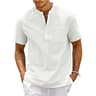 Mens Cotton Linen Shirt Henley Neck Pocket Casual Short Sleeve Solid Color Summer Tops TShirts Vint 5