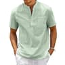 Mens Cotton Linen Shirt Henley Neck Pocket Casual Short Sleeve Solid Color Summer Tops TShirts Vint 6