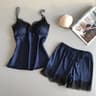 Satin Lace Babydoll Pajama Set Womens Sexy Sleepwear Shorts Set 4