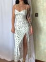 Printed Midi Dress For Women Spaghetti Strap Bodycon Party Dress With High Slit 0