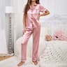 Womens Satin Pajama Set Short Sleeve Button Down Top And Full Length Pants 7