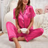 Womens Satin Pajama Set Short Sleeve Button Down Top And Full Length Pants 11