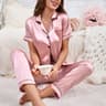 Womens Satin Pajama Set Short Sleeve Button Down Top And Full Length Pants 15