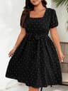 Womens Plus Size Square Neck Polka Dot ALine Dress With Puff Sleeves 9