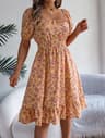 Womens Floral Print ALine Dress With Square Neck And Short Sleeves 8