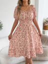 Womens Floral Print ALine Dress With Square Neck And Short Sleeves 12