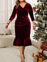 Plus Size Velvet Midi Dress With VNeck And Ruffled Hem 9