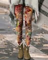 Womens Vintage Floral Print Fleece Leggings With Stretch Elastic Waist 0