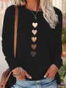 Vintage T Shirt Womens Print Crew Neck Love Heart Long Sleeve Top Casual TShirt 0